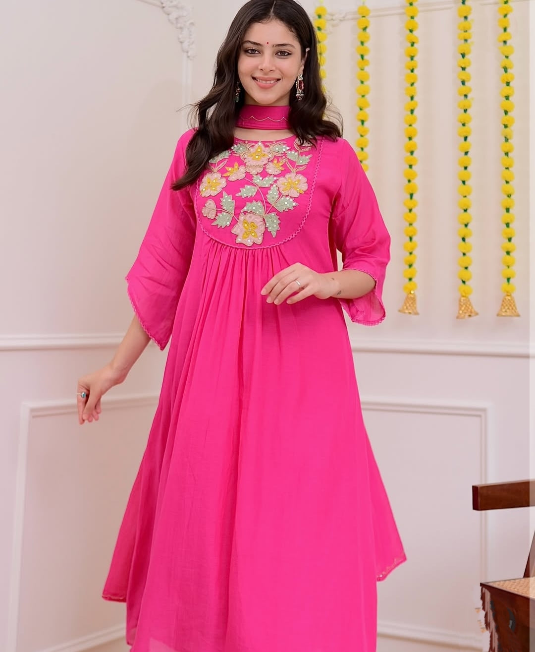 Pink A Line Mul Chanderi Handwork Festive Suit