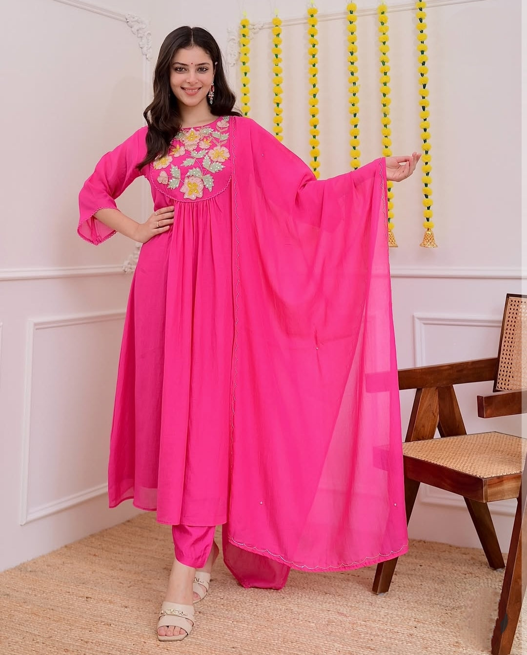 Pink A Line Mul Chanderi Handwork Festive Suit