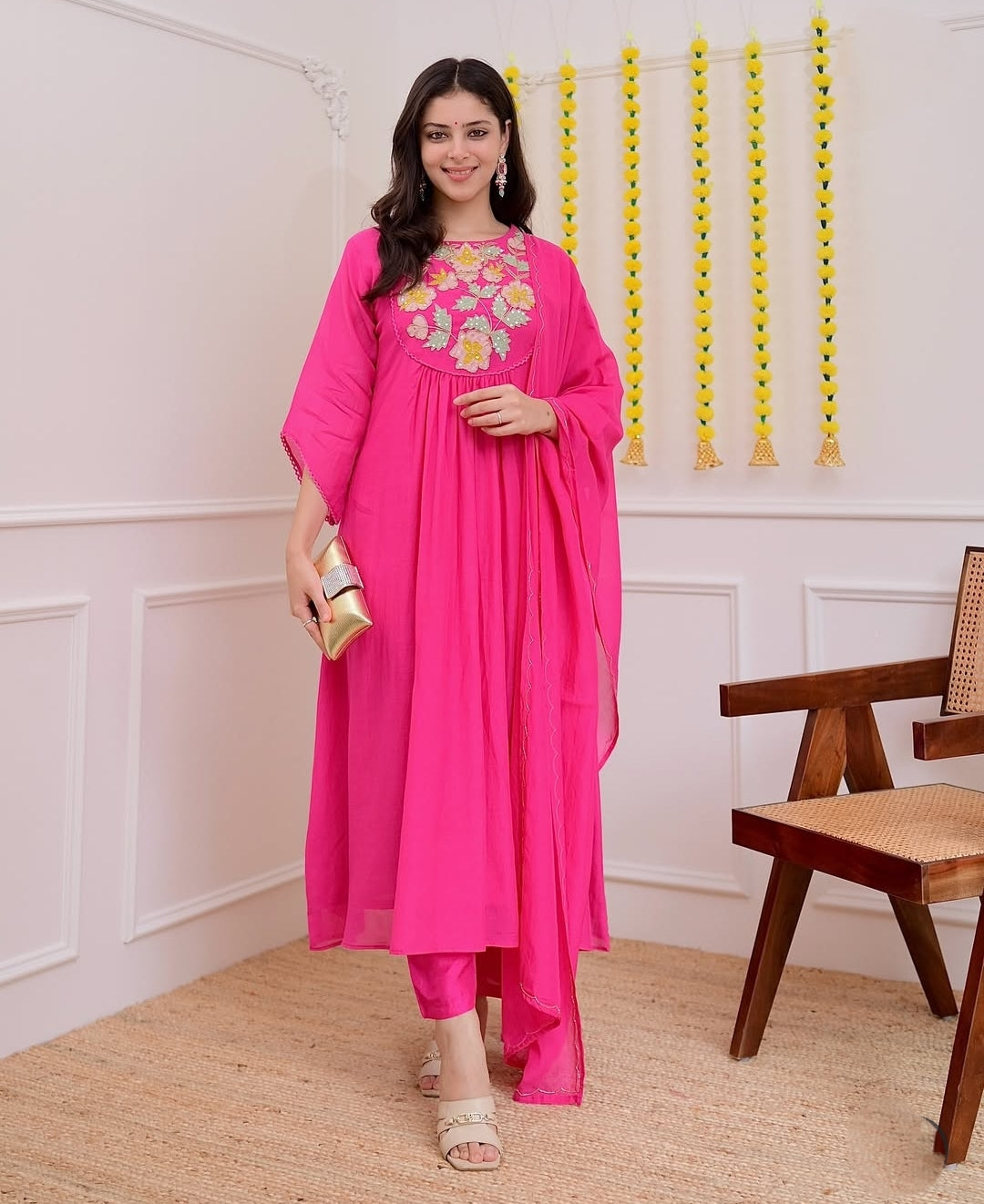 Pink A Line Mul Chanderi Handwork Festive Suit