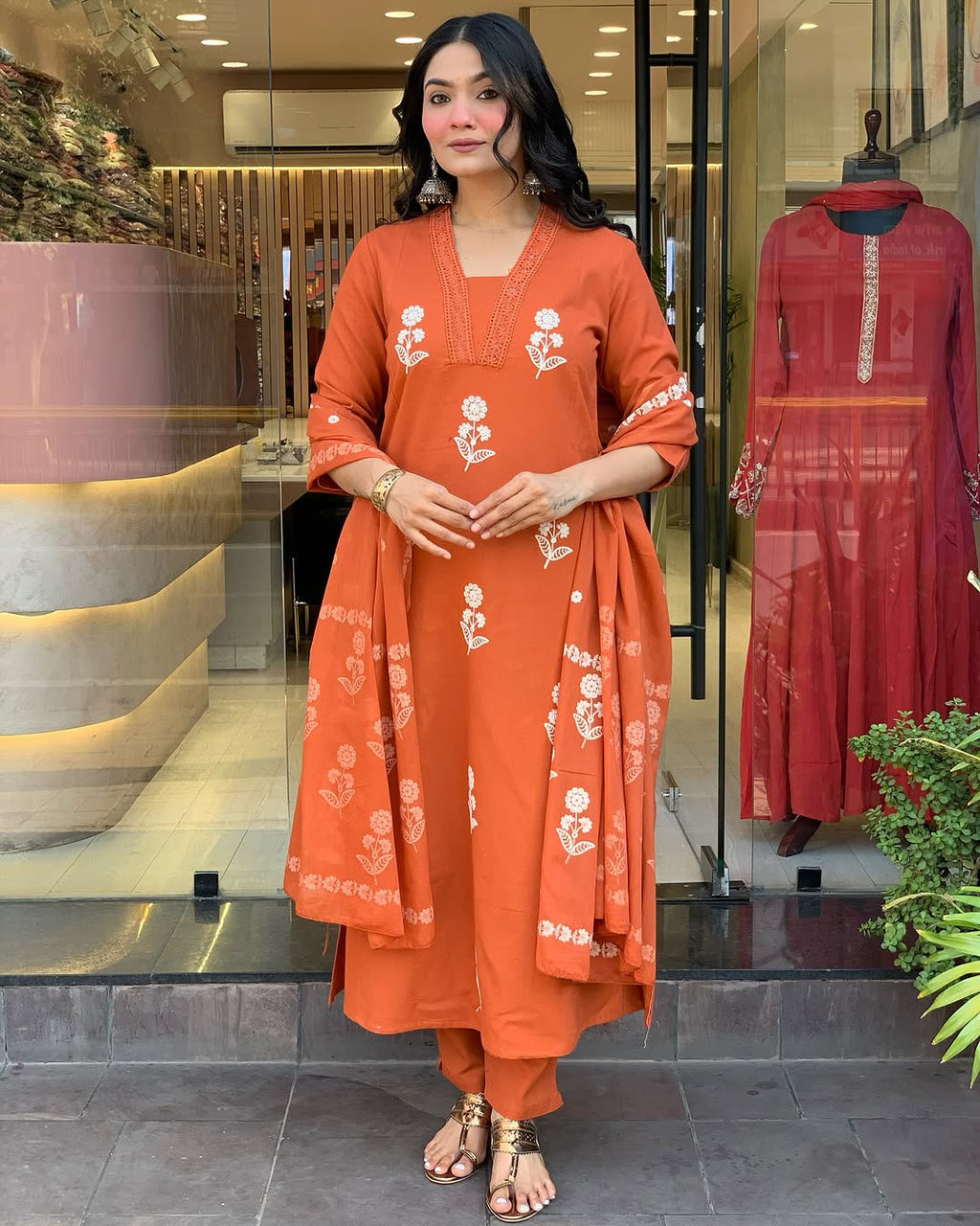 Impressive Orange Cotton Flared Kurta Pant Set with Dupatta for Daily Festive Wear