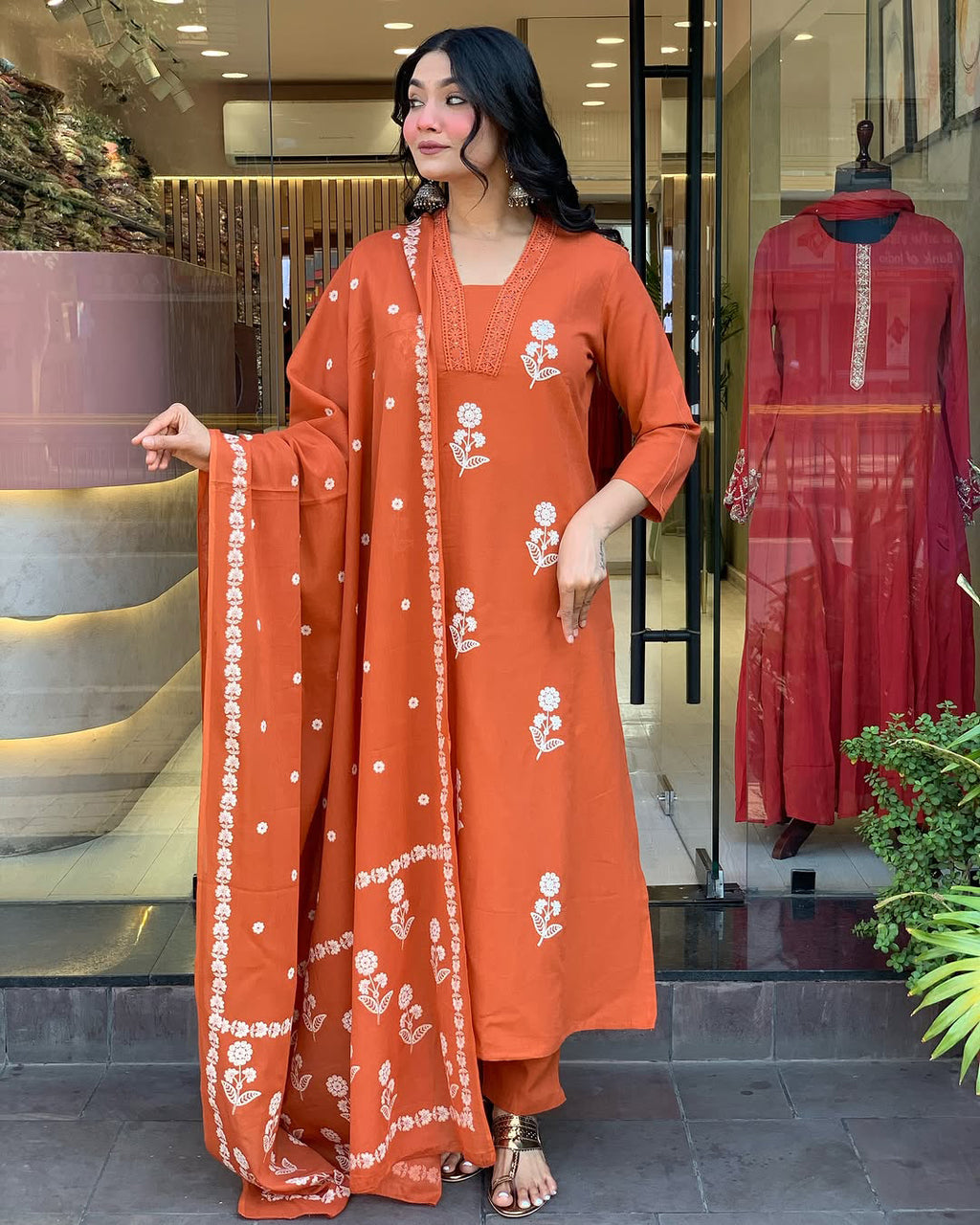 Impressive Orange Cotton Flared Kurta Pant Set with Dupatta for Daily Festive Wear