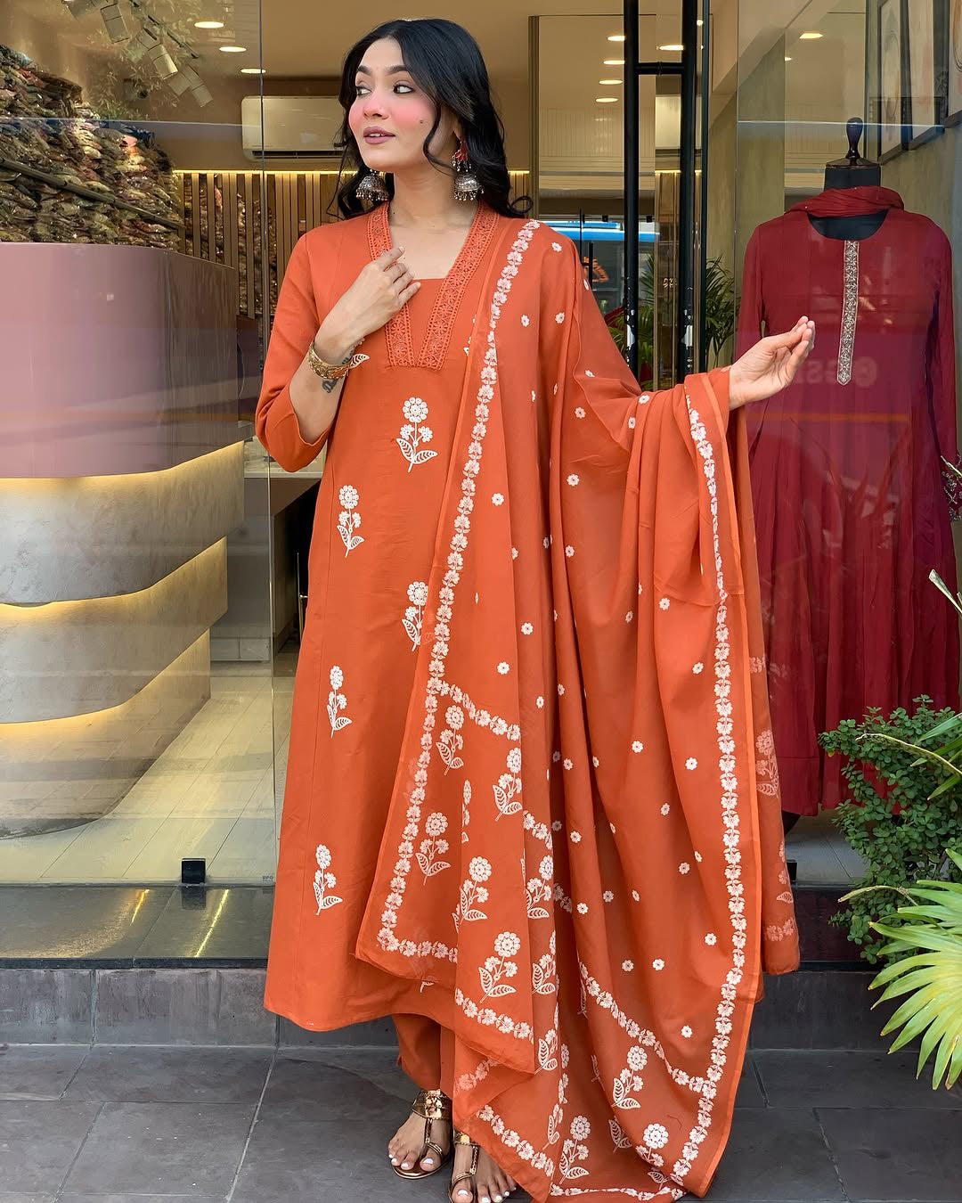 Impressive Orange Cotton Flared Kurta Pant Set with Dupatta for Daily Festive Wear