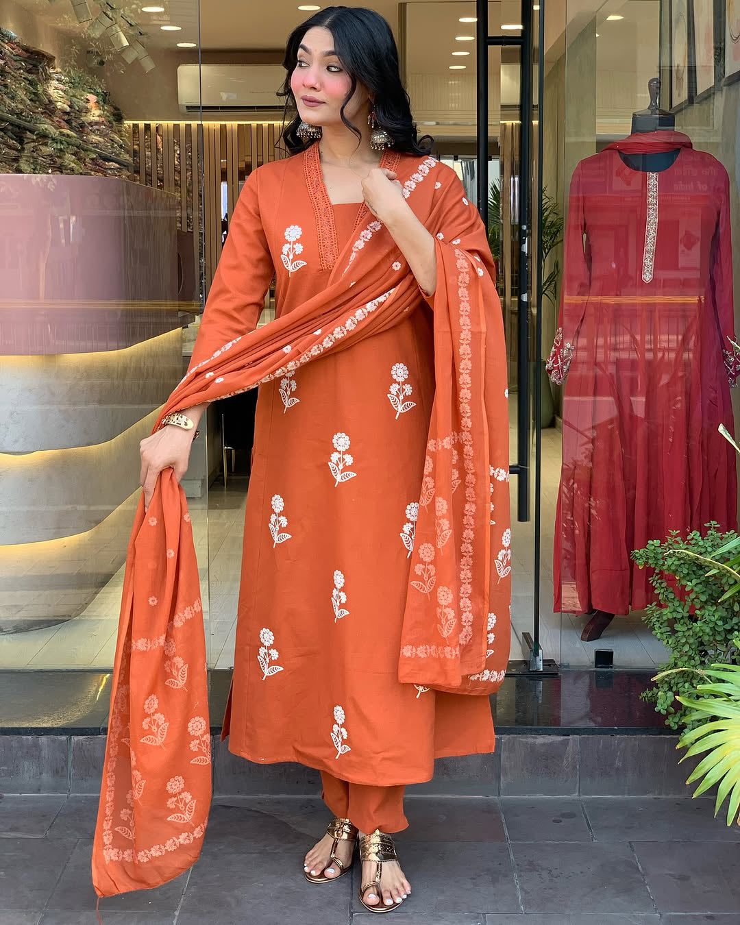 Impressive Orange Cotton Flared Kurta Pant Set with Dupatta for Daily Festive Wear
