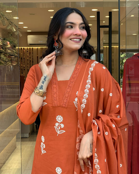 Impressive Orange Cotton Flared Kurta Pant Set with Dupatta for Daily Festive Wear
