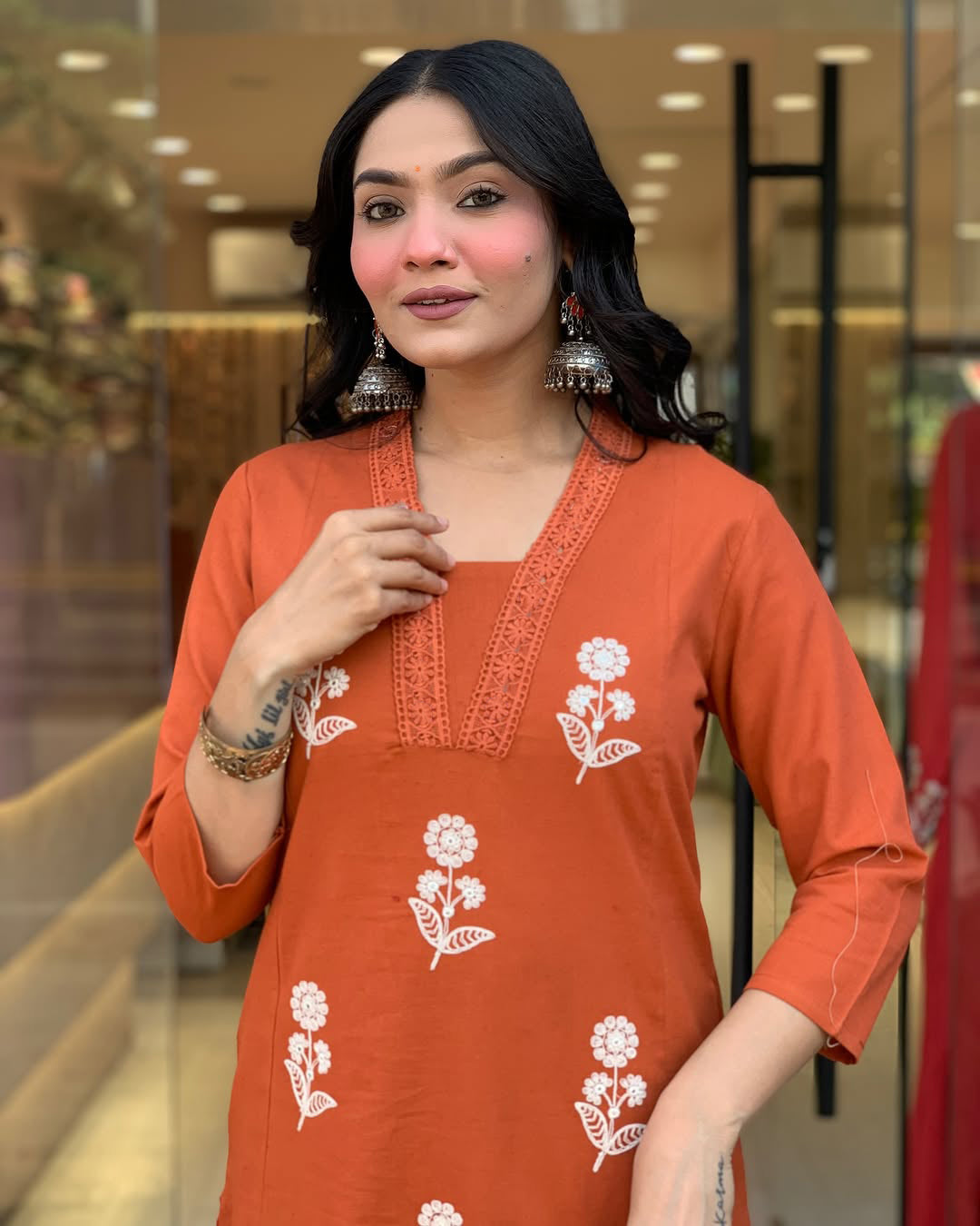 Impressive Orange Cotton Flared Kurta Pant Set with Dupatta for Daily Festive Wear
