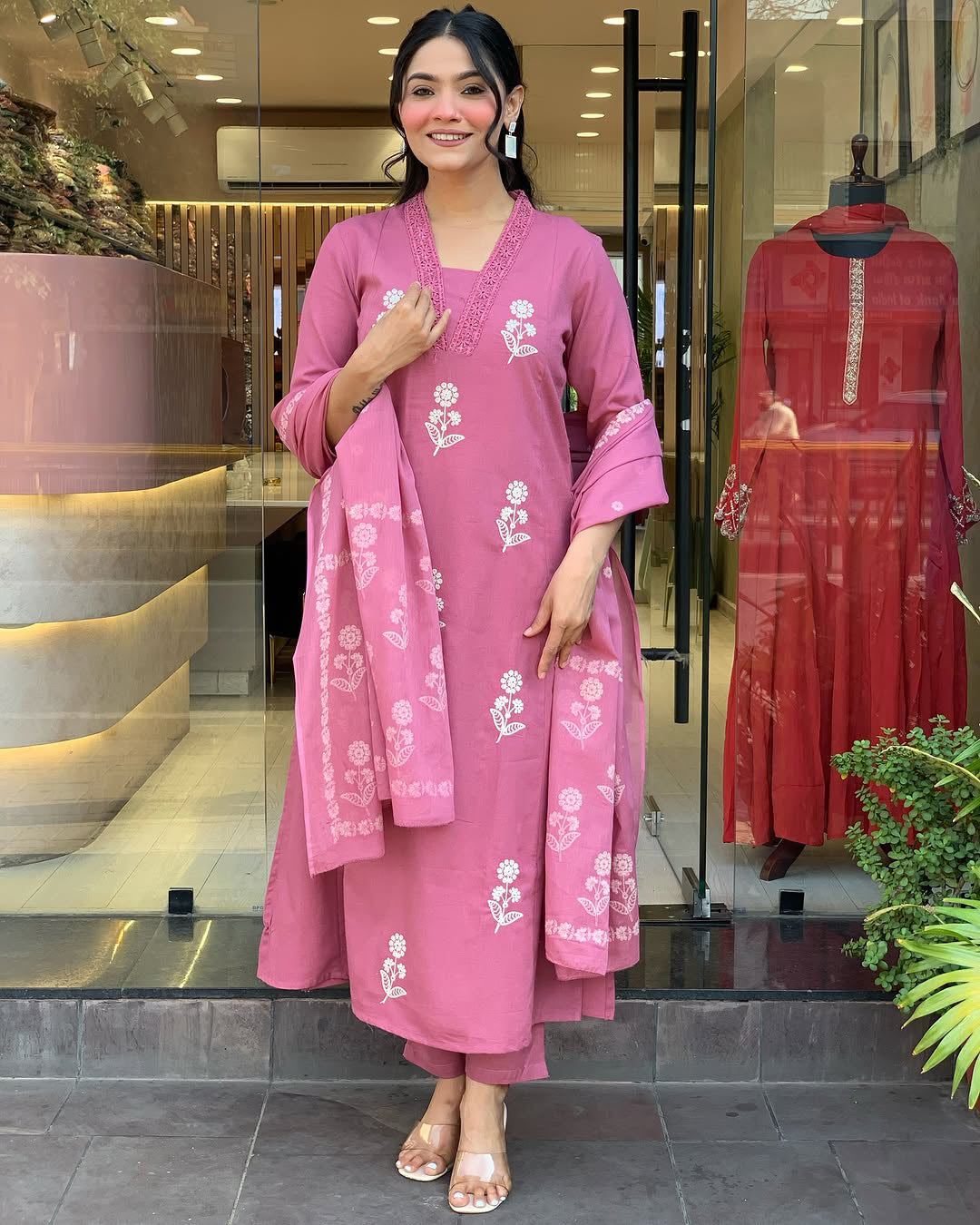 Impressive Pink Cotton Flared Kurta Pant Set with Dupatta for Daily Festive Wear