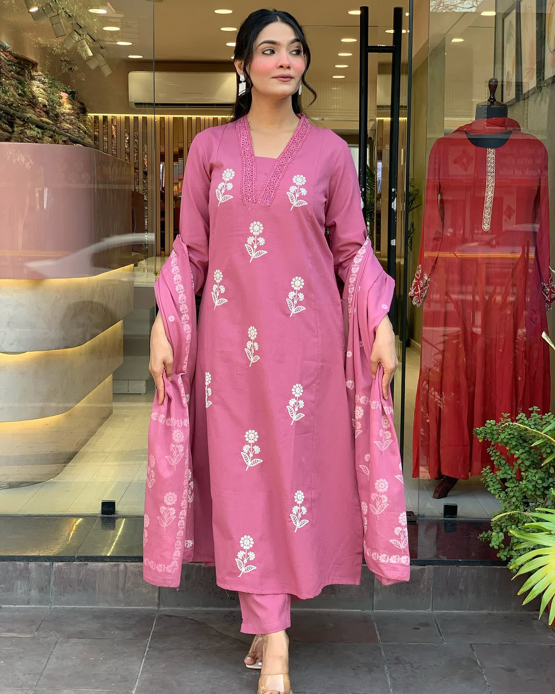 Impressive Pink Cotton Flared Kurta Pant Set with Dupatta for Daily Festive Wear