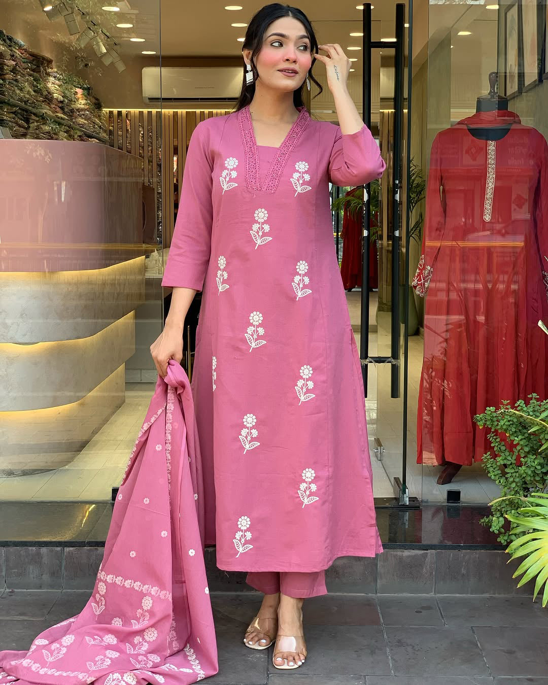 Impressive Pink Cotton Flared Kurta Pant Set with Dupatta for Daily Festive Wear