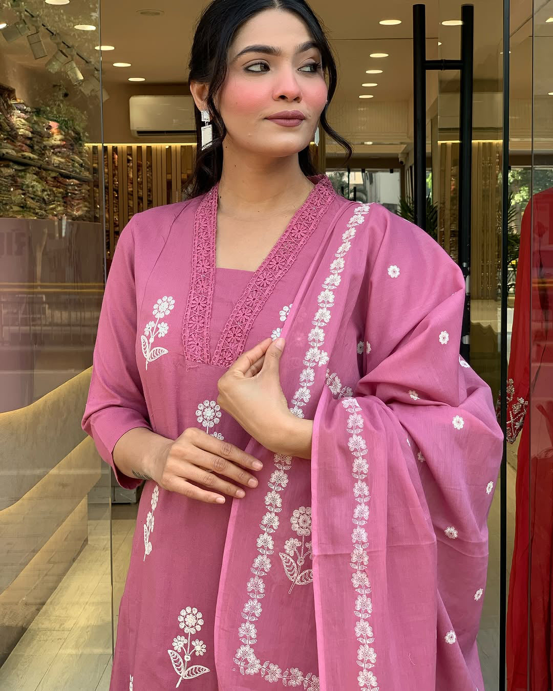 Impressive Pink Cotton Flared Kurta Pant Set with Dupatta for Daily Festive Wear