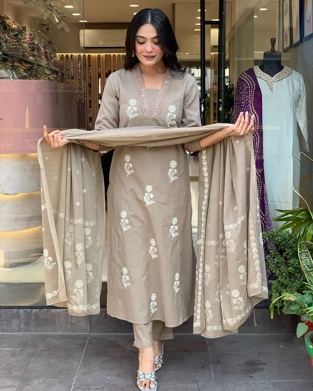 Impressive Cream Cotton Flared Kurta Pant Set with Dupatta for Daily Festive Wear