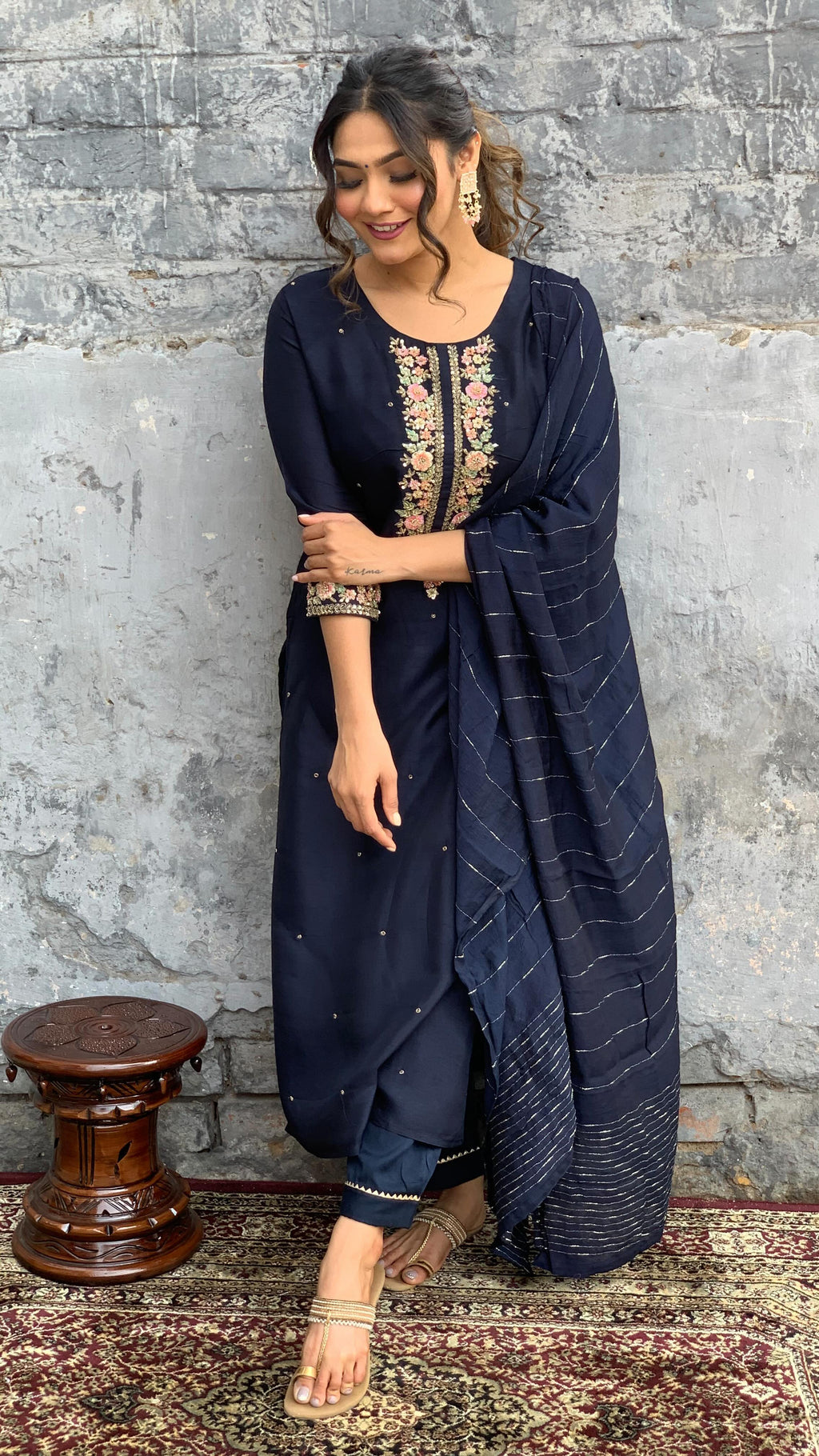 Navy Blue Viscose Chanderi Jacquard Embroidery Kurta Set