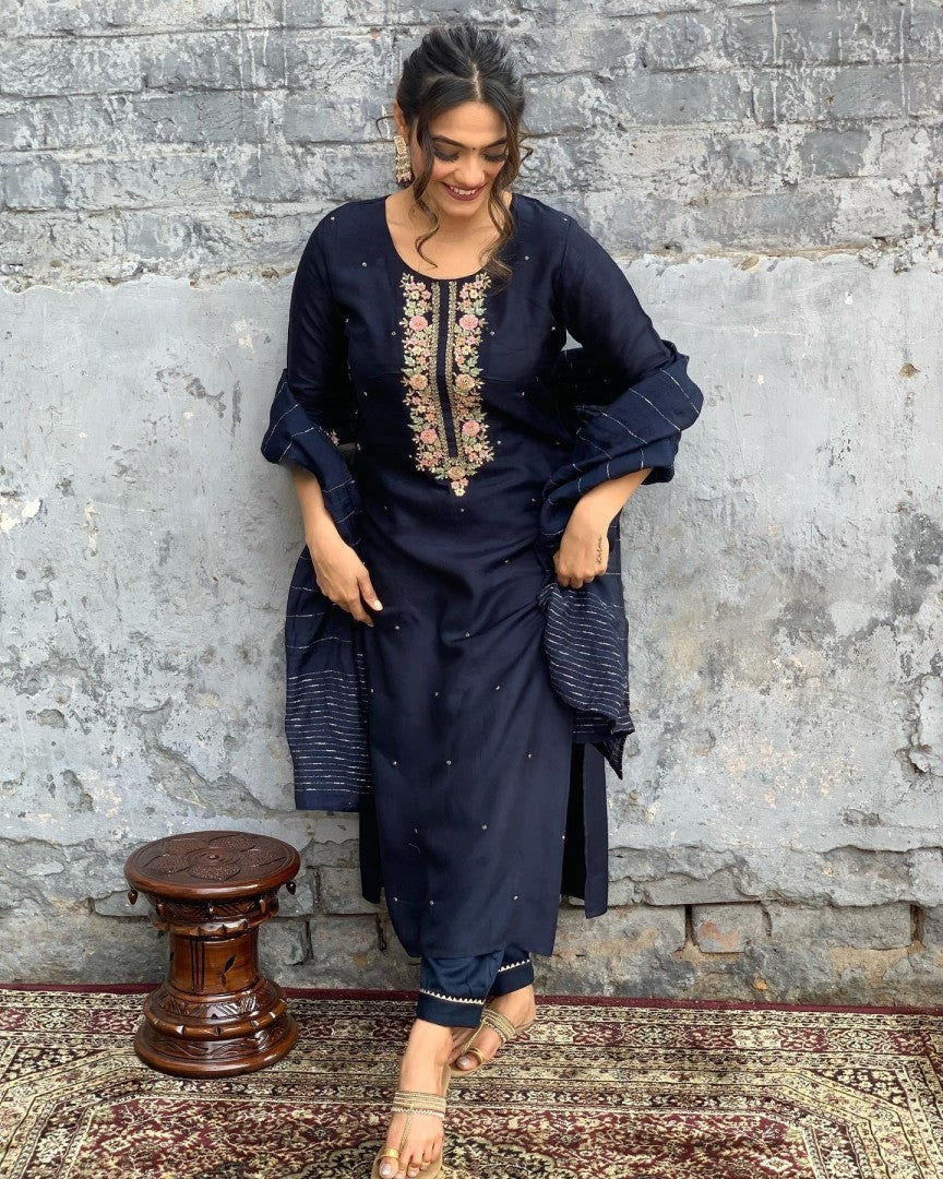Navy Blue Viscose Chanderi Jacquard Embroidery Kurta Set