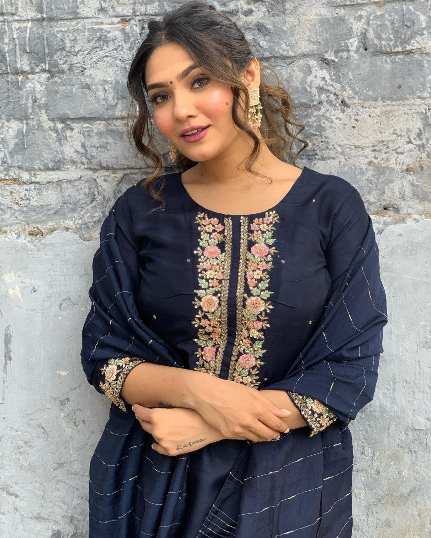 Navy Blue Viscose Chanderi Jacquard Embroidery Kurta Set