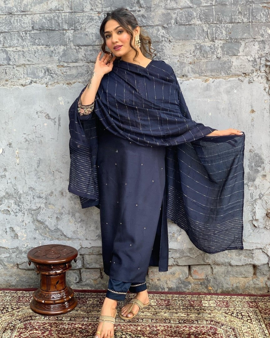 Navy Blue Viscose Chanderi Jacquard Embroidery Kurta Set