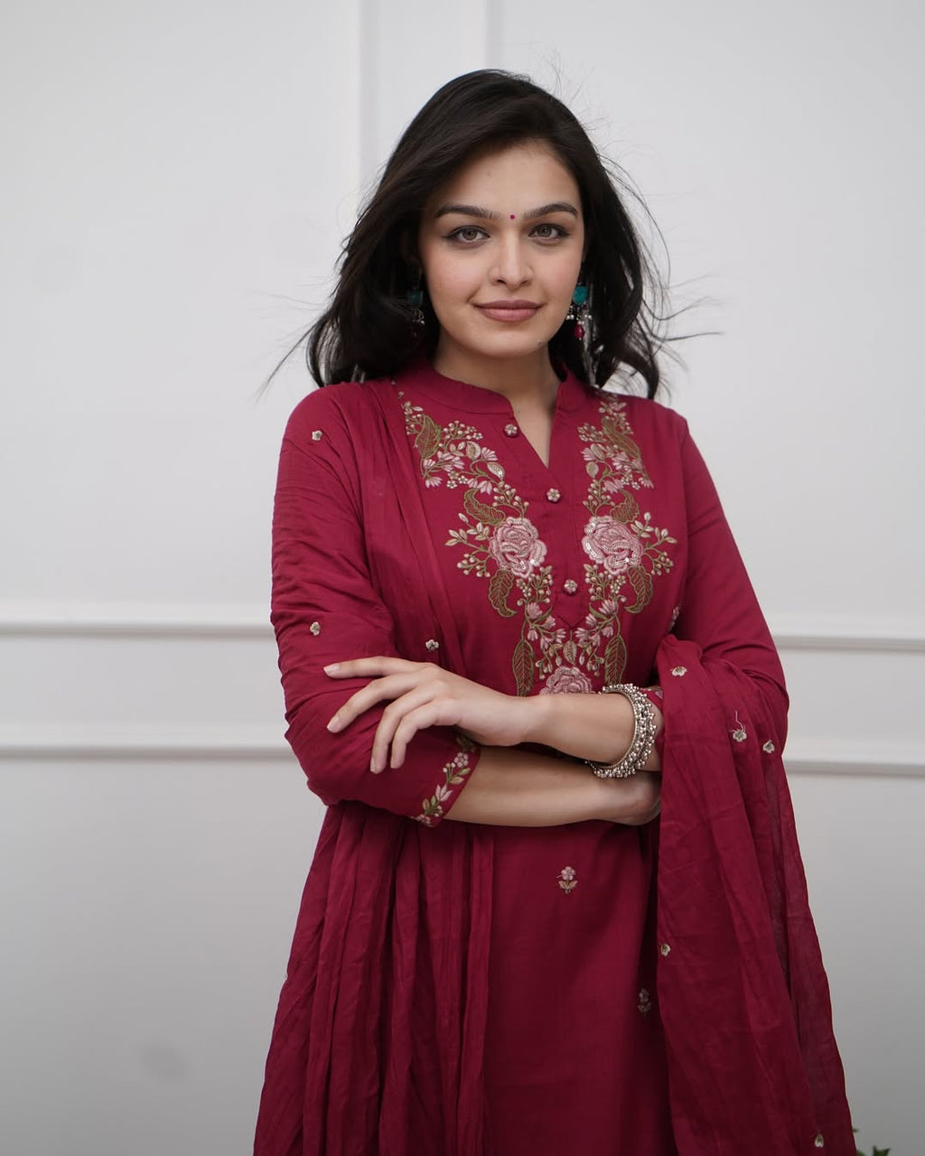 Maroon Viscose With Embroidery Kurta Set