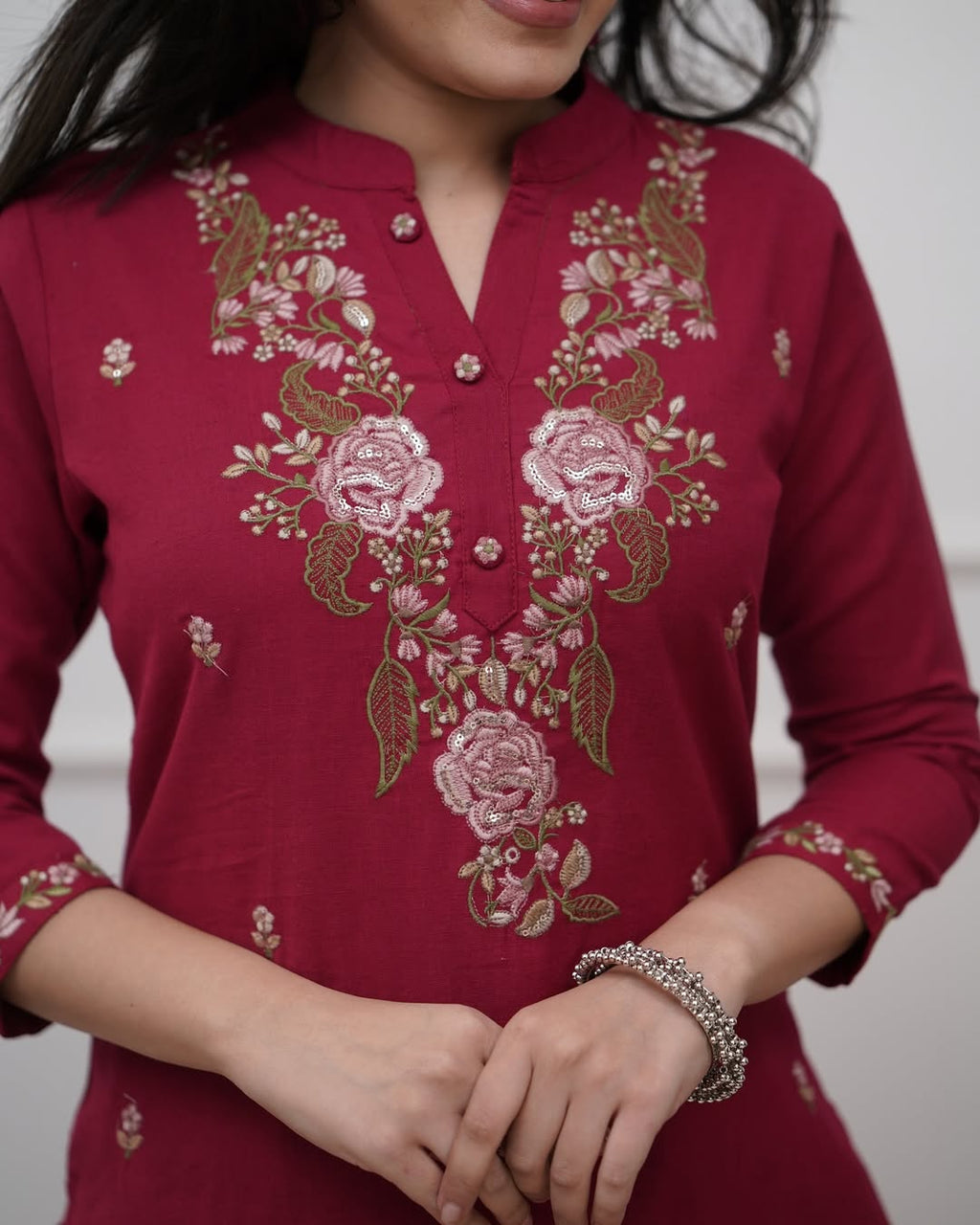 Maroon Viscose With Embroidery Kurta Set