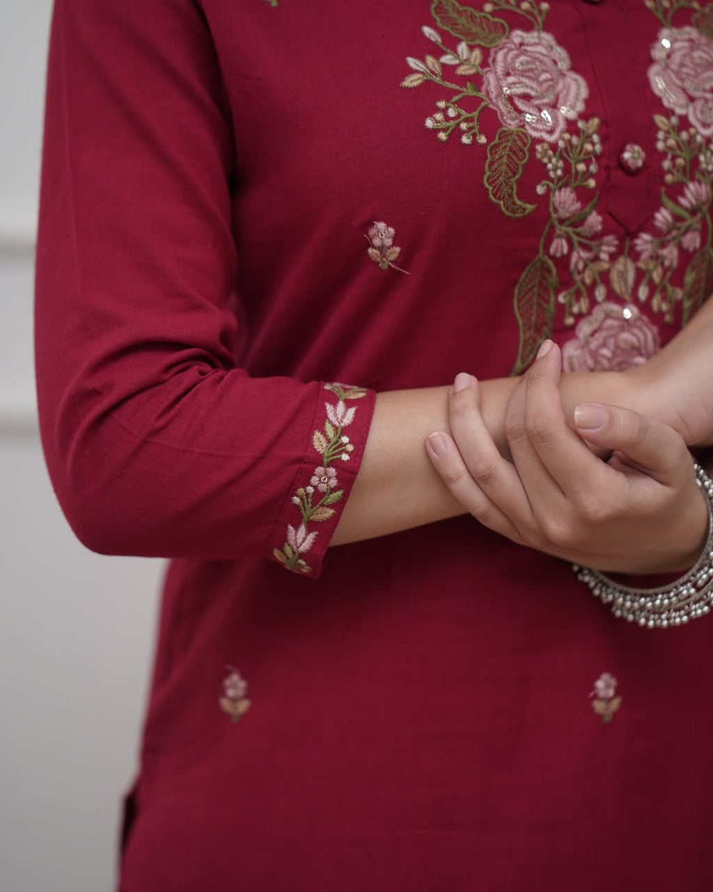 Maroon Viscose With Embroidery Kurta Set