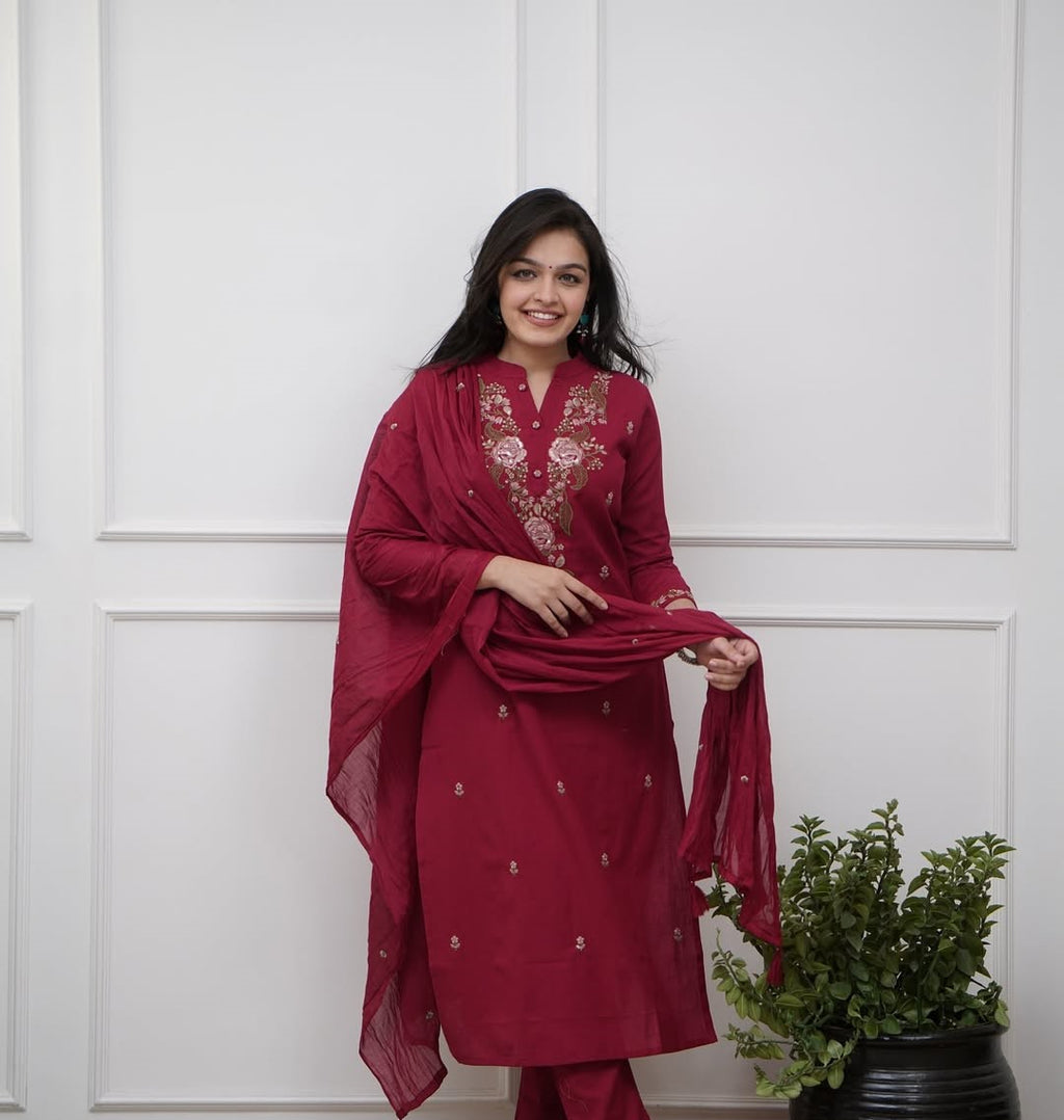 Maroon Viscose With Embroidery Kurta Set