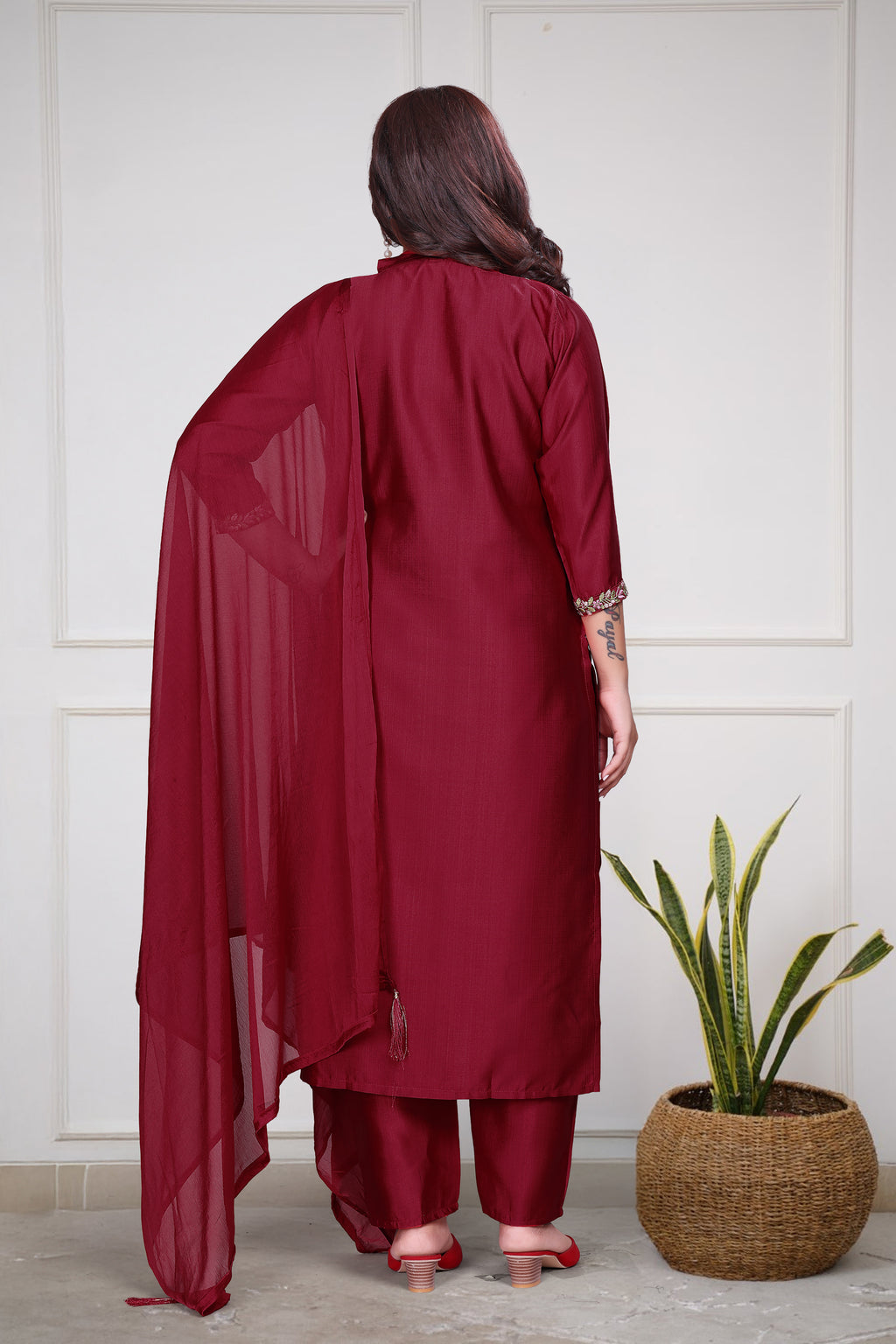 Maroon Viscose With Embroidery Kurta Set