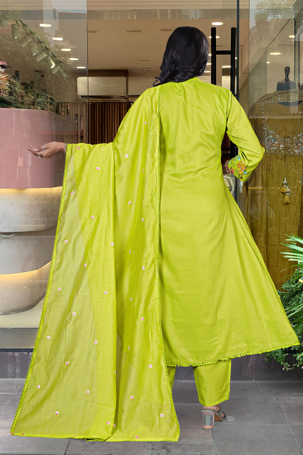 Mahendi Chanderi Silk Embroidery Work Kurti Pant And Dupatta