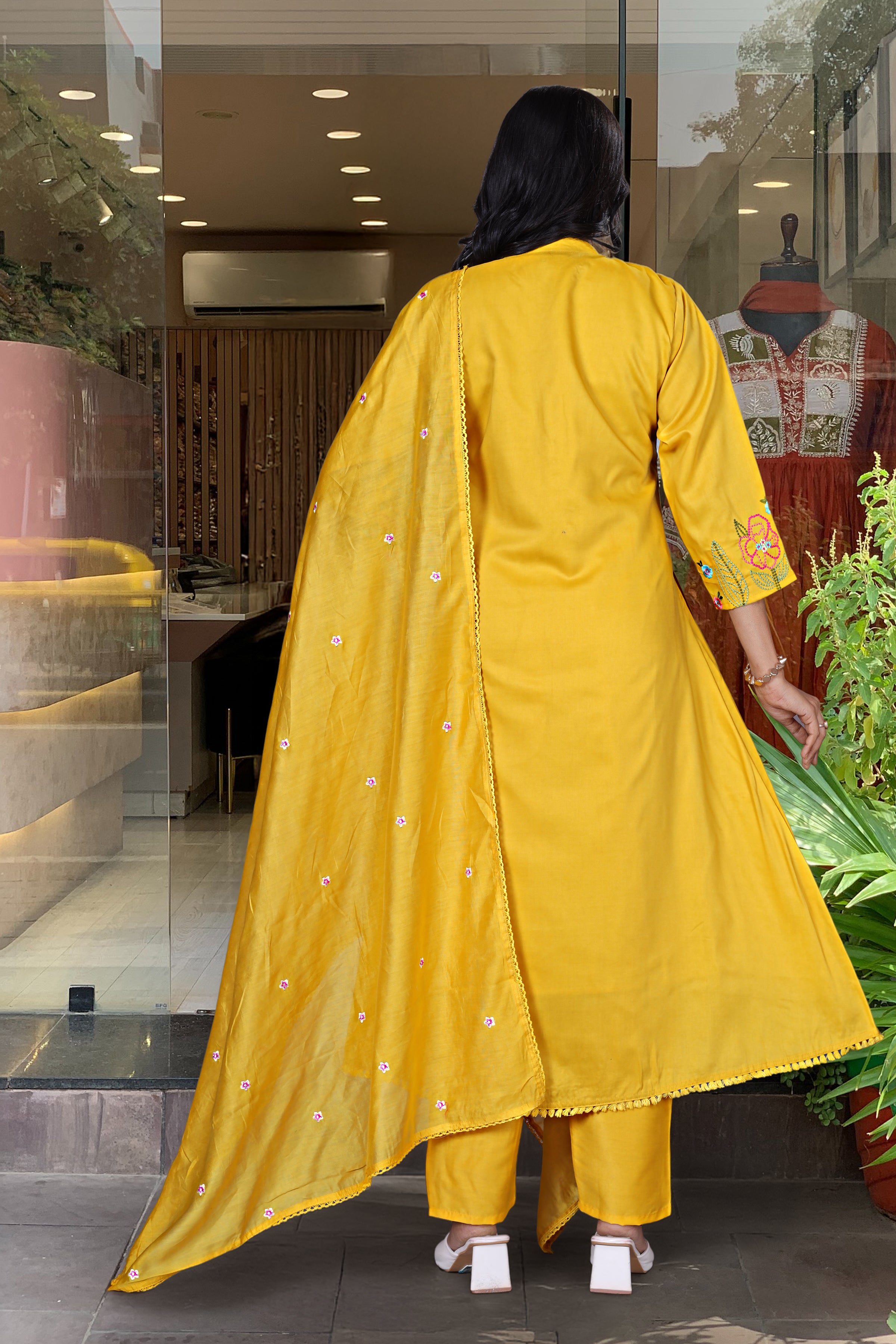 Yellow Chanderi Silk Embroidery Work Kurti Pant And Dupatta
