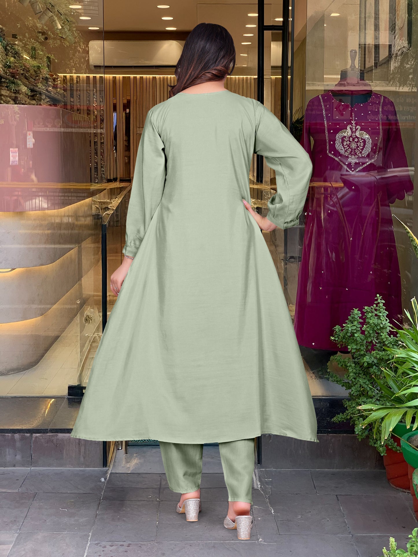 Pista Green Kurti Set with Yellow Embroidered Dupatta