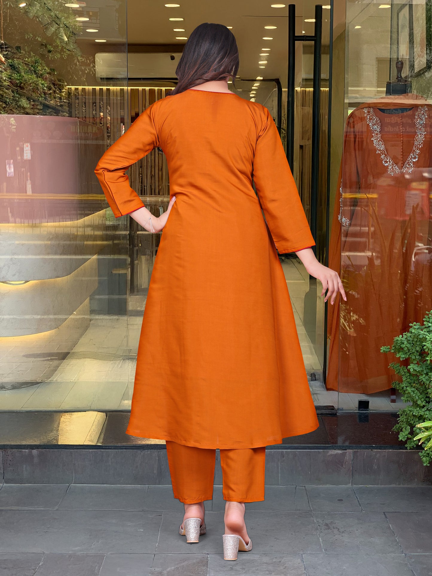 Rust Floral Sequin Work Embroidered Cotton Suit Set