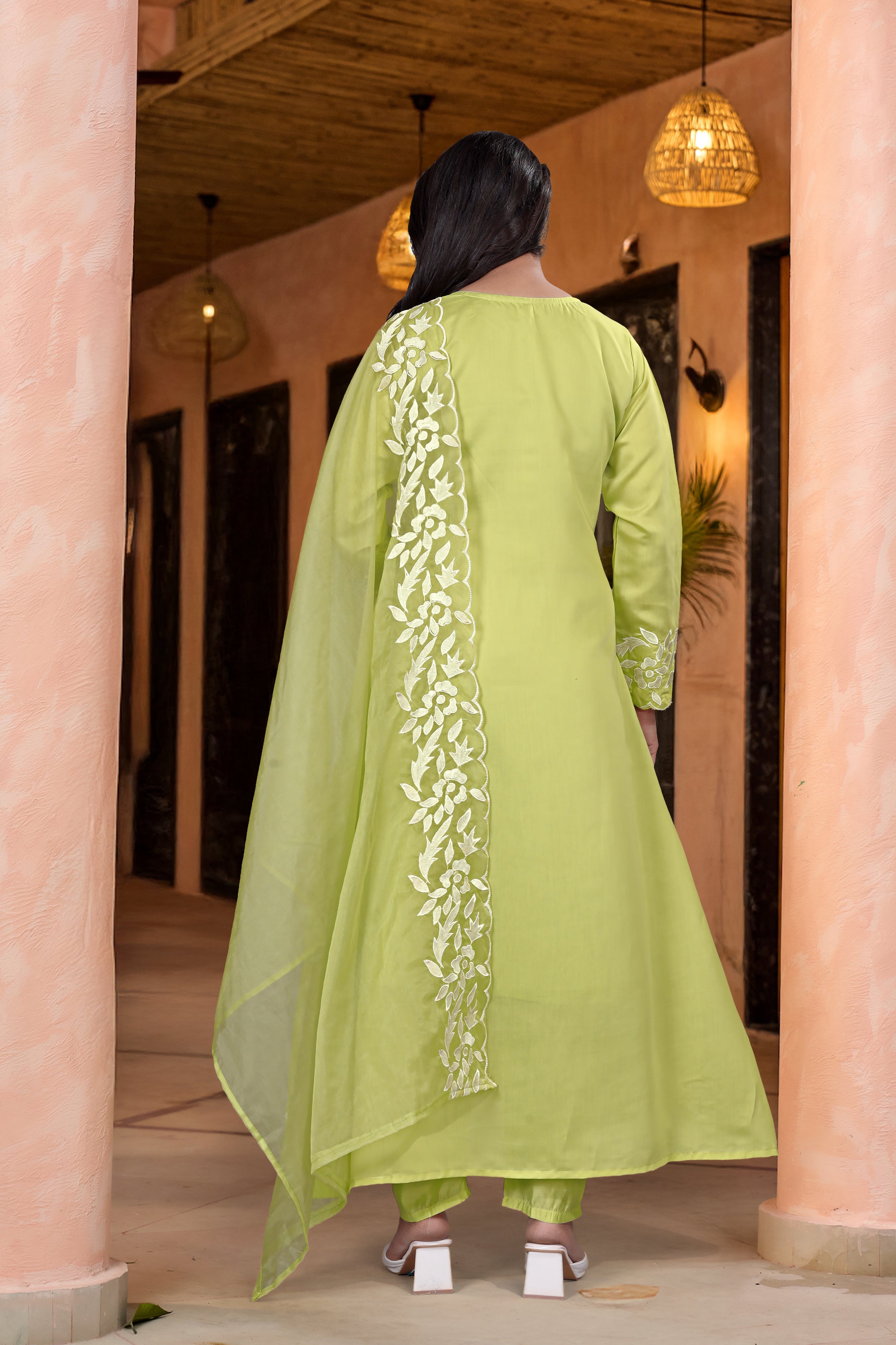 Lime Green Thread Embroidered A Line Mul Chanderi Suit