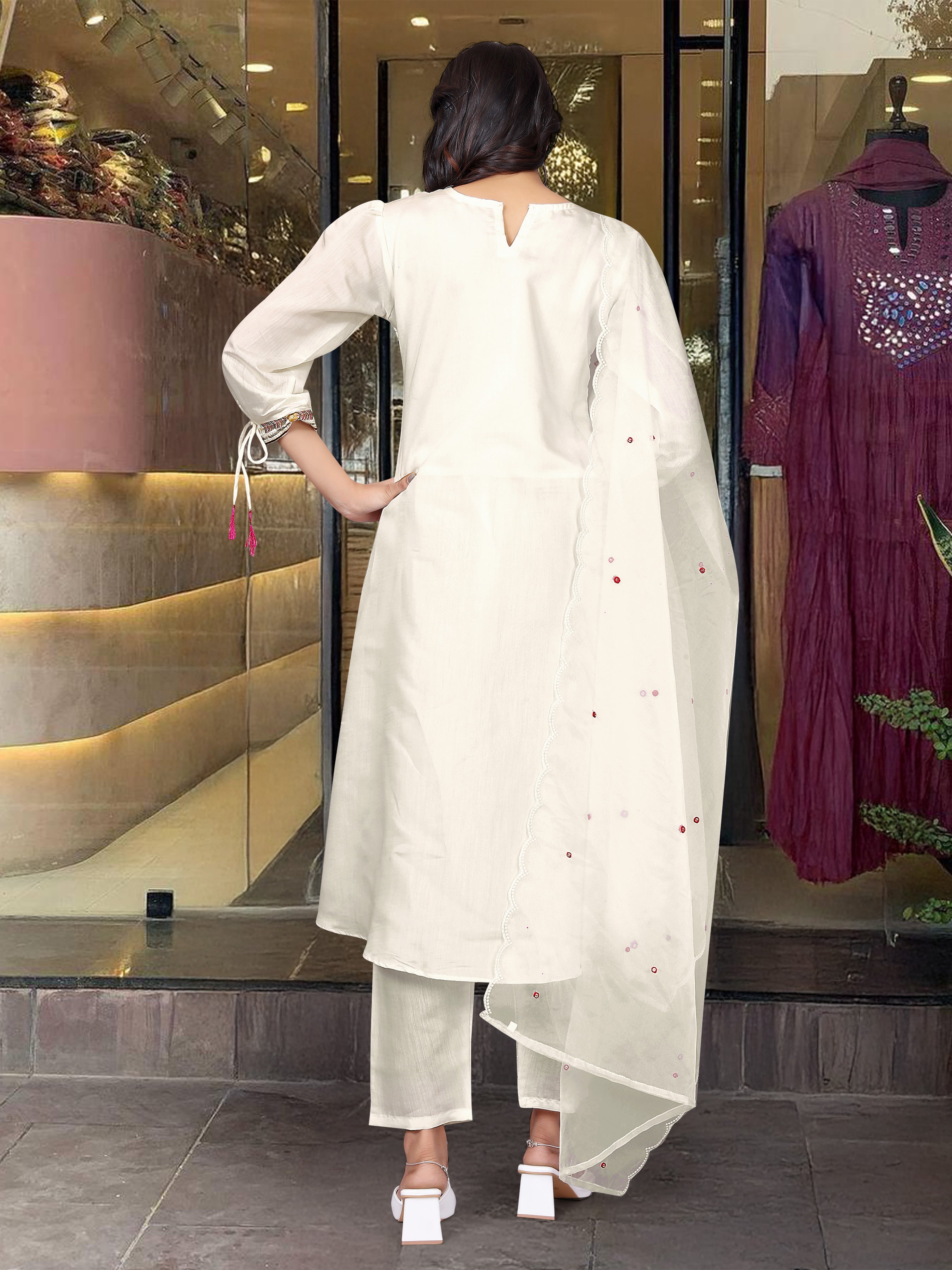 White Chanderi Silk With Mirror Work Embroidery Salwar Suit