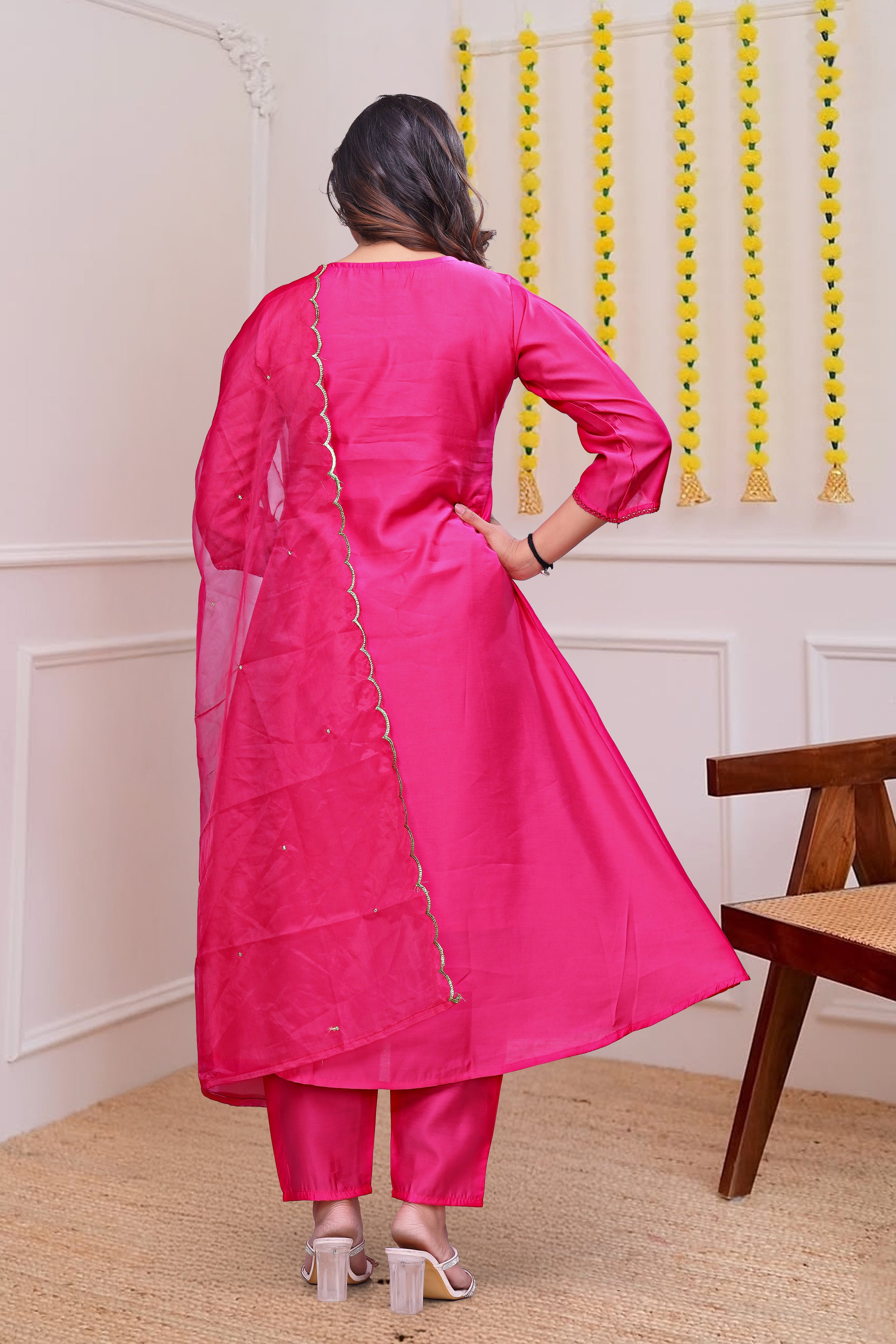 Pink A Line Mul Chanderi Handwork Festive Suit