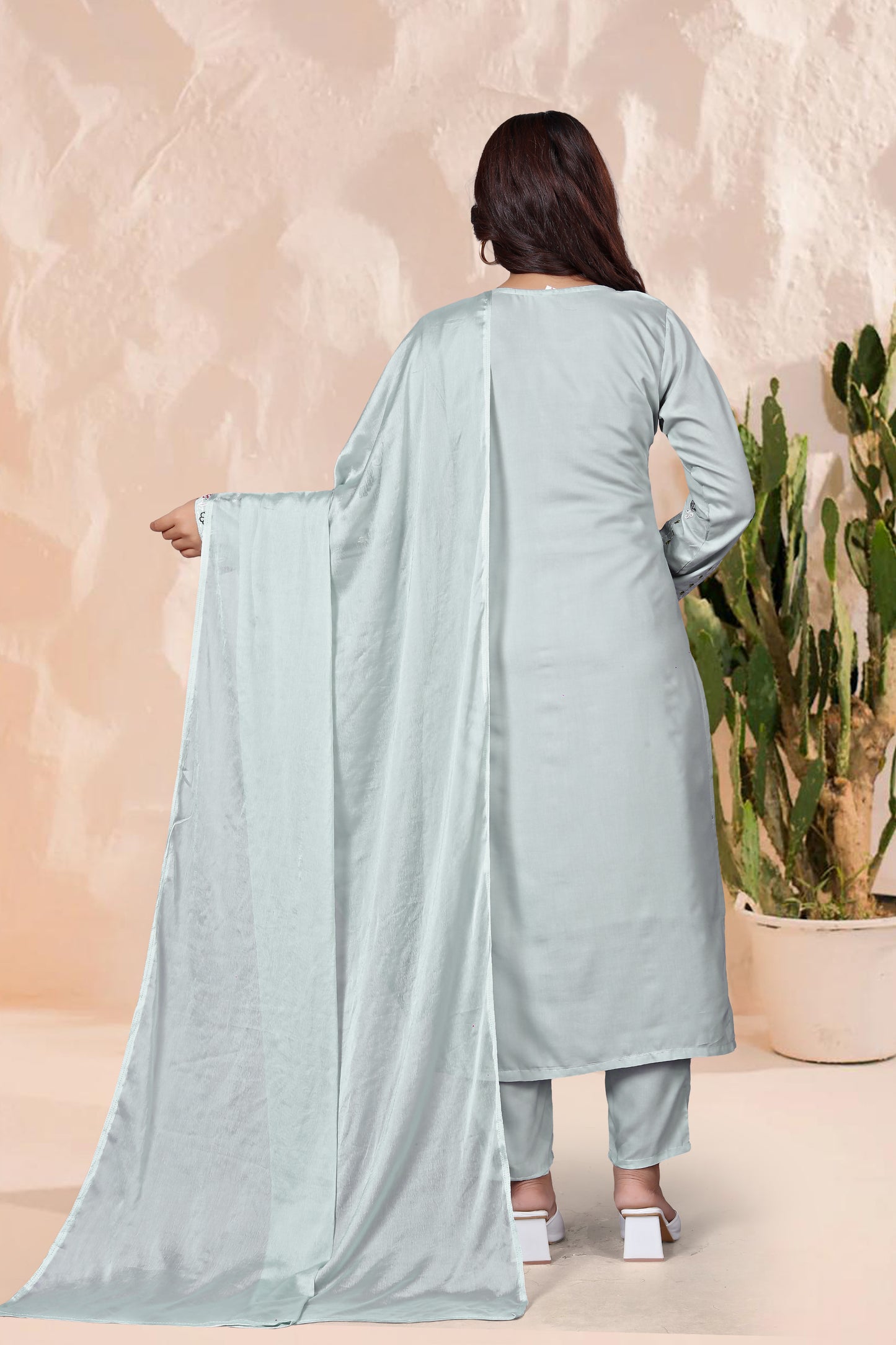 Light Blue Chanderi Silk Readymade Salwar Suit with Embroidered Work