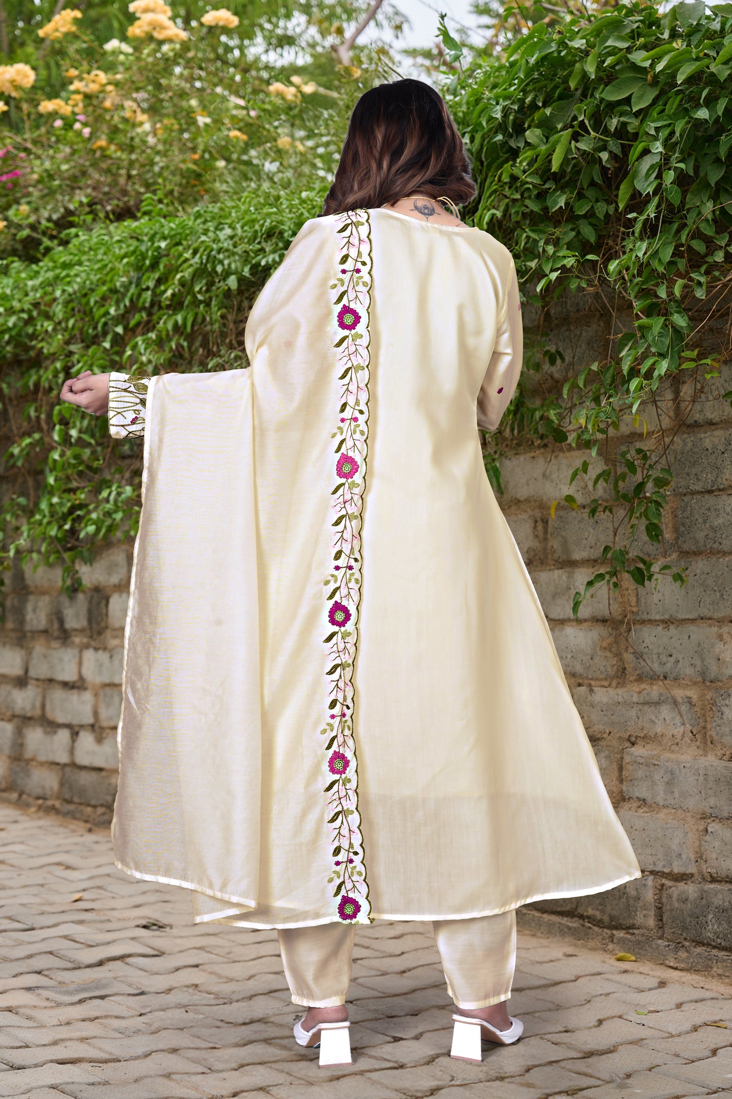 Cream & Red Floral Embroidered Cotton A-line Suit Set
