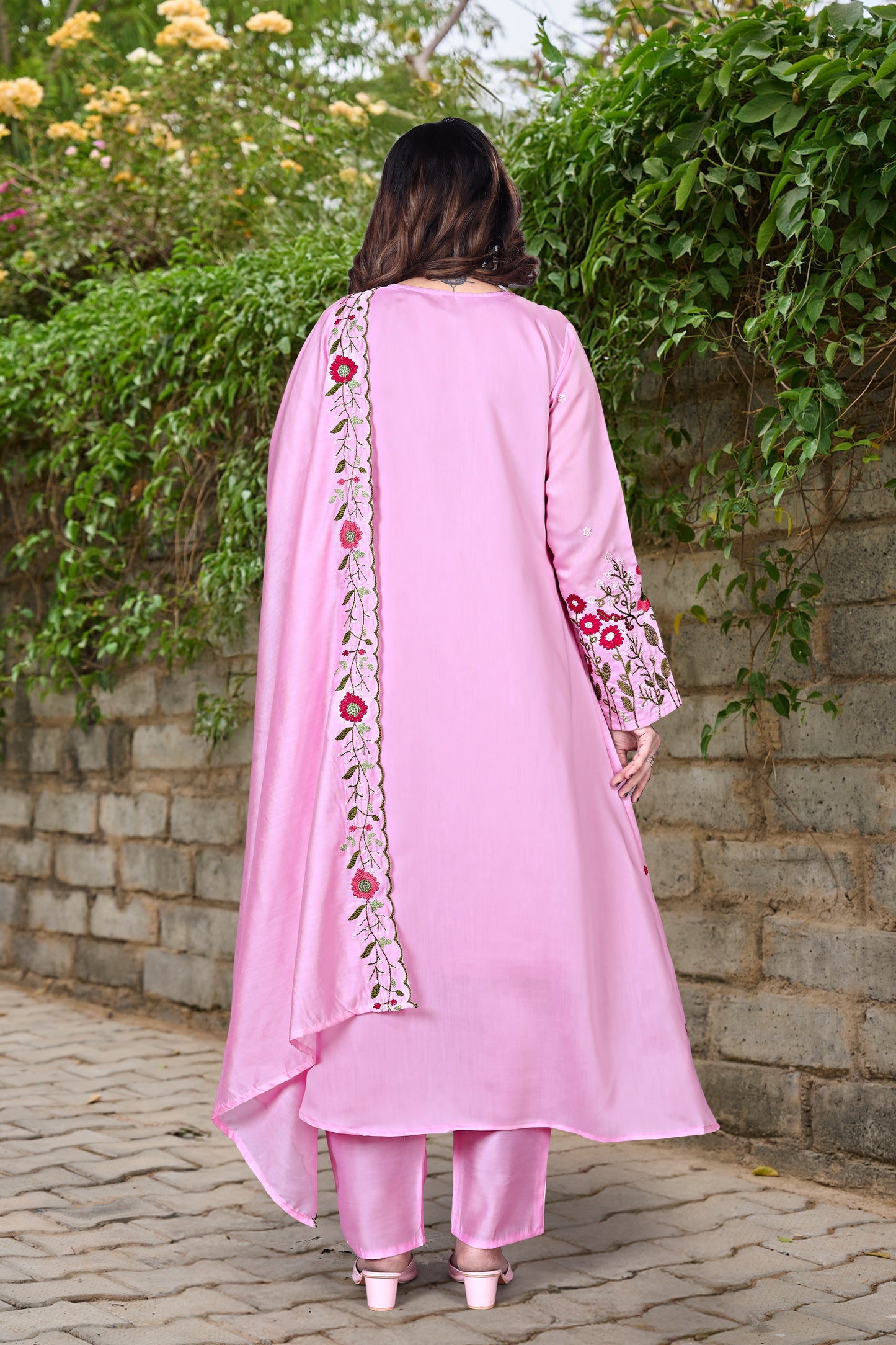 Pink & Red Floral Embroidered Cotton A-line Suit Set