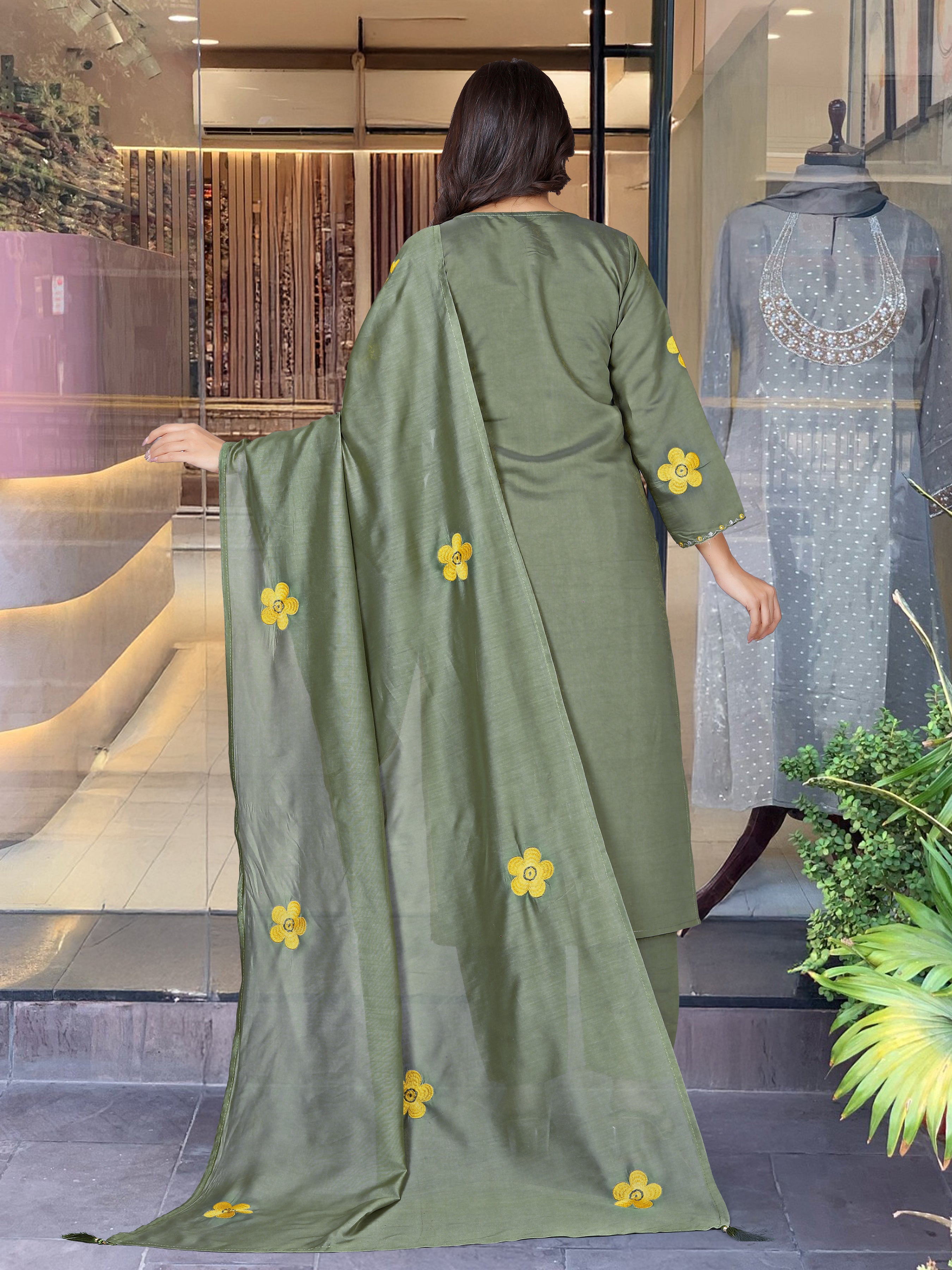 Olive Green Embroidered Chanderi Silk Pakistani Suit