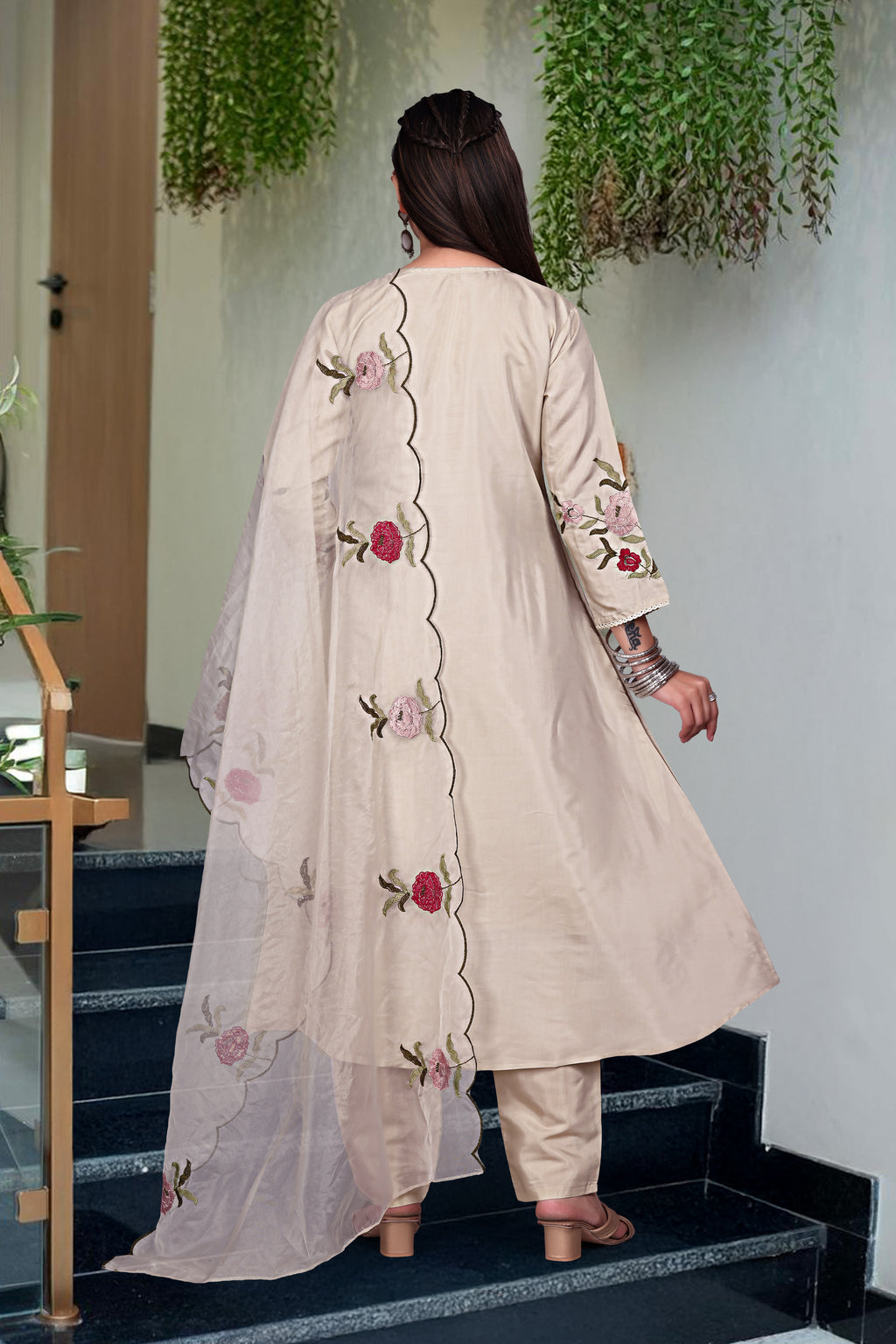 Peach Chanderi Silk Embroidered Salwar Suit