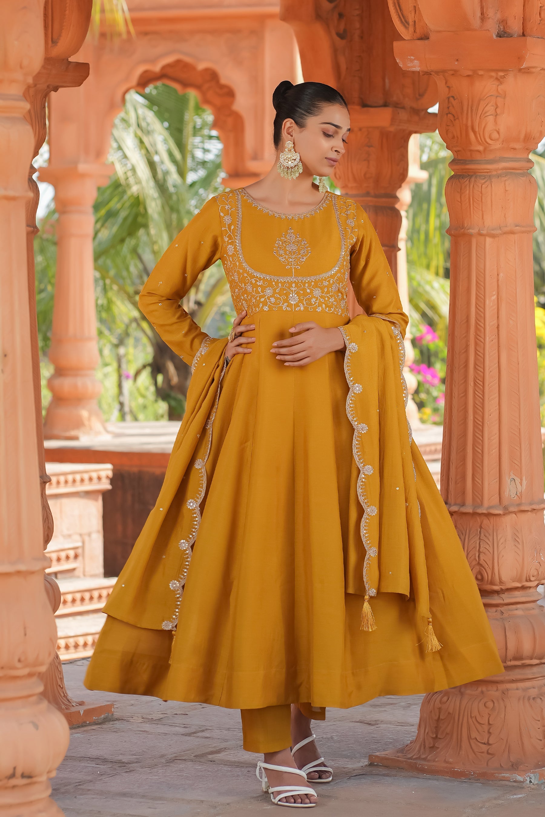 Mustard Vichitra Silk Embroidery Kurta Set
