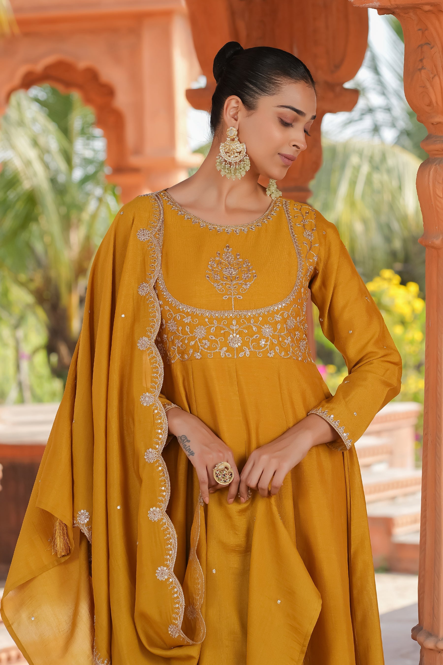 Mustard Vichitra Silk Embroidery Kurta Set