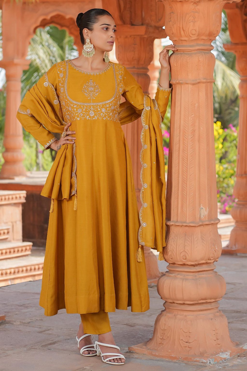 Mustard Vichitra Silk Embroidery Kurta Set