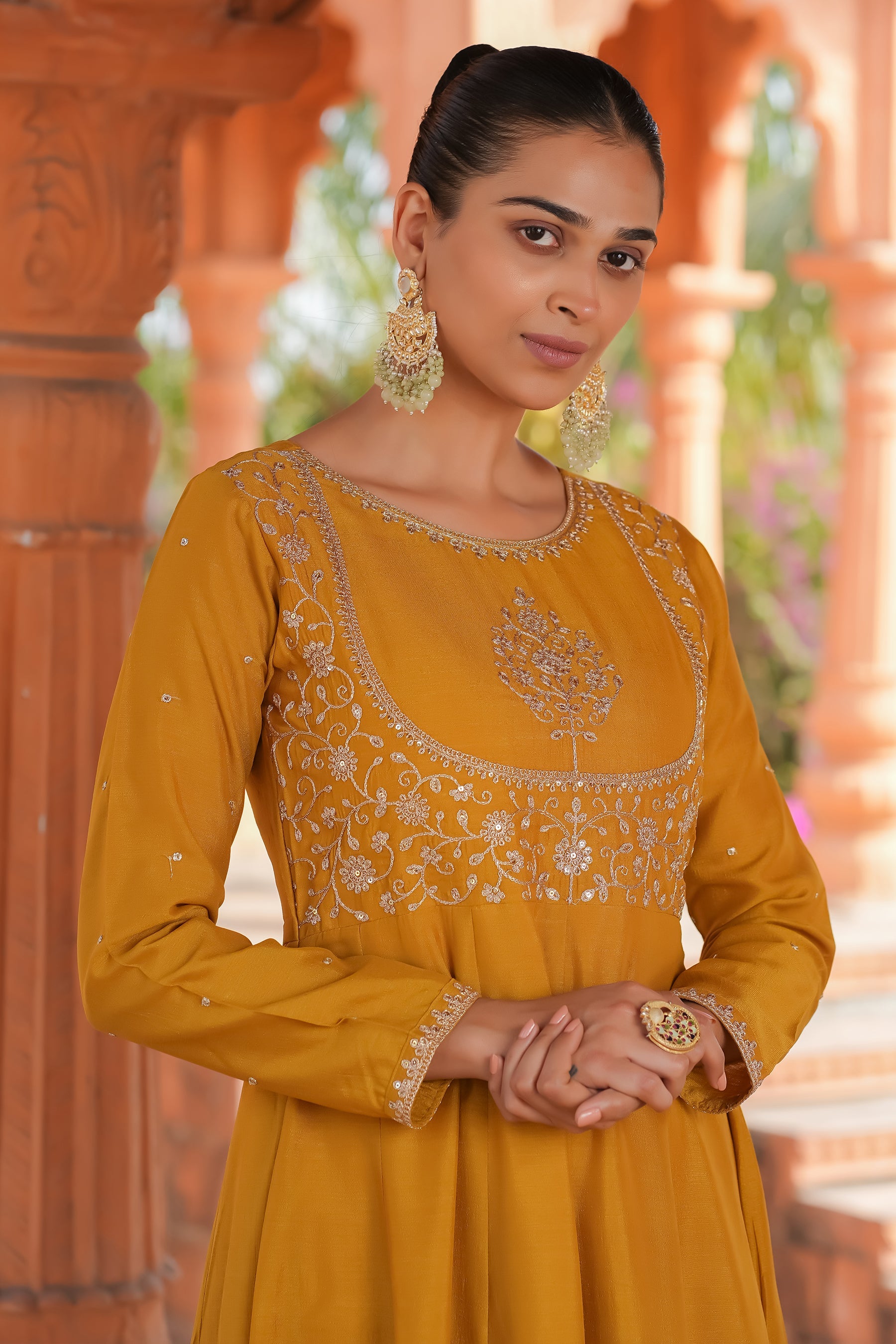 Mustard Vichitra Silk Embroidery Kurta Set
