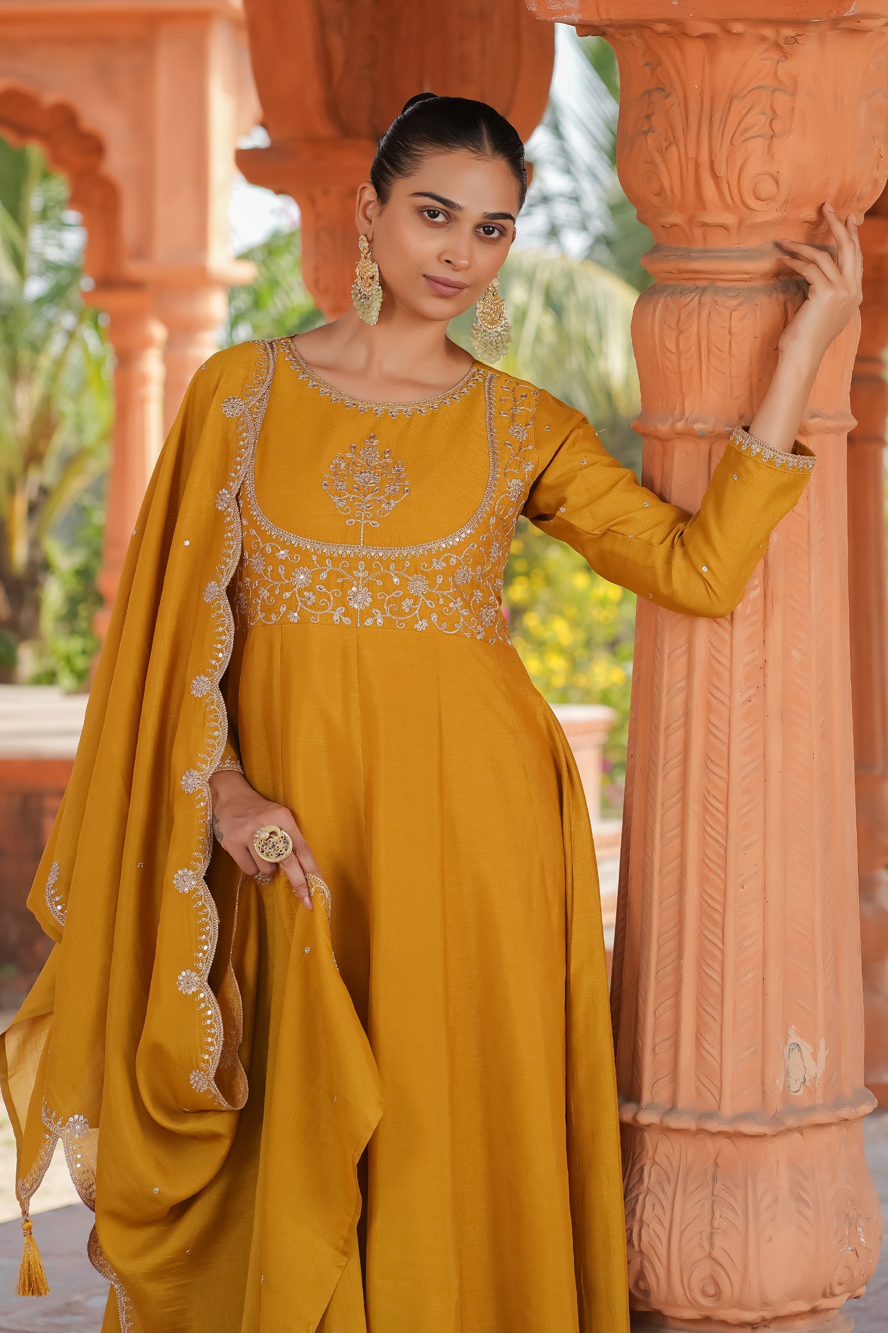 Mustard Vichitra Silk Embroidery Kurta Set