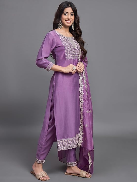 Purple Chanderi Silk Women Embroidery Straight Kurta Set