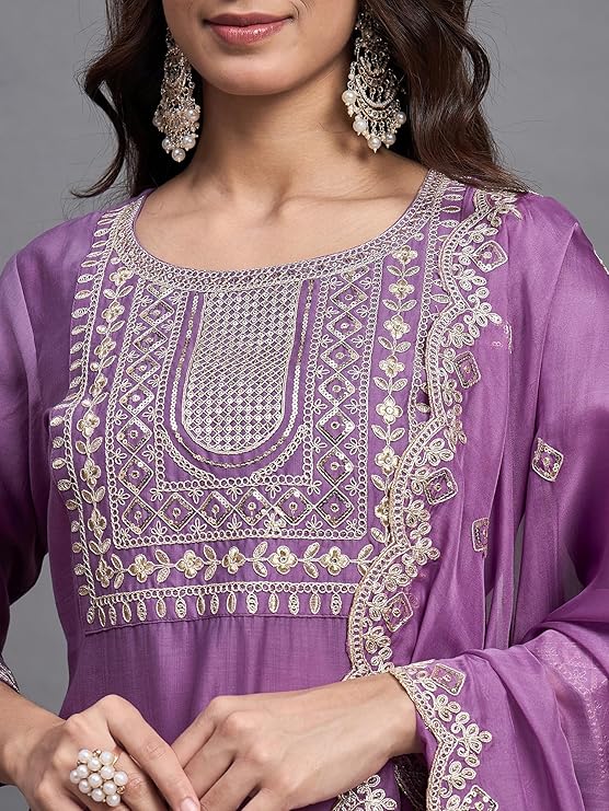 Purple Chanderi Silk Women Embroidery Straight Kurta Set
