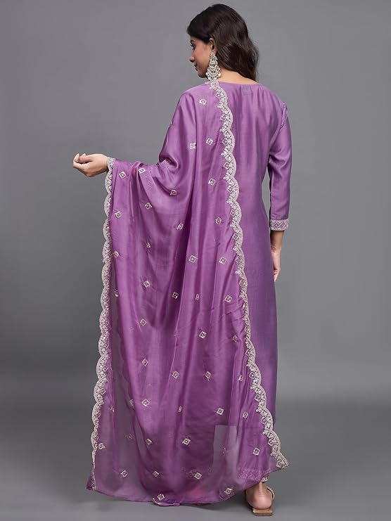 Purple Chanderi Silk Women Embroidery Straight Kurta Set