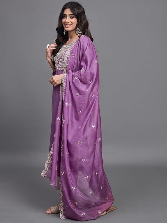 Purple Chanderi Silk Women Embroidery Straight Kurta Set