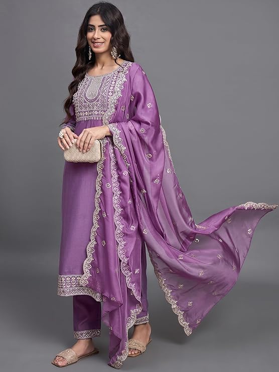 Purple Chanderi Silk Women Embroidery Straight Kurta Set