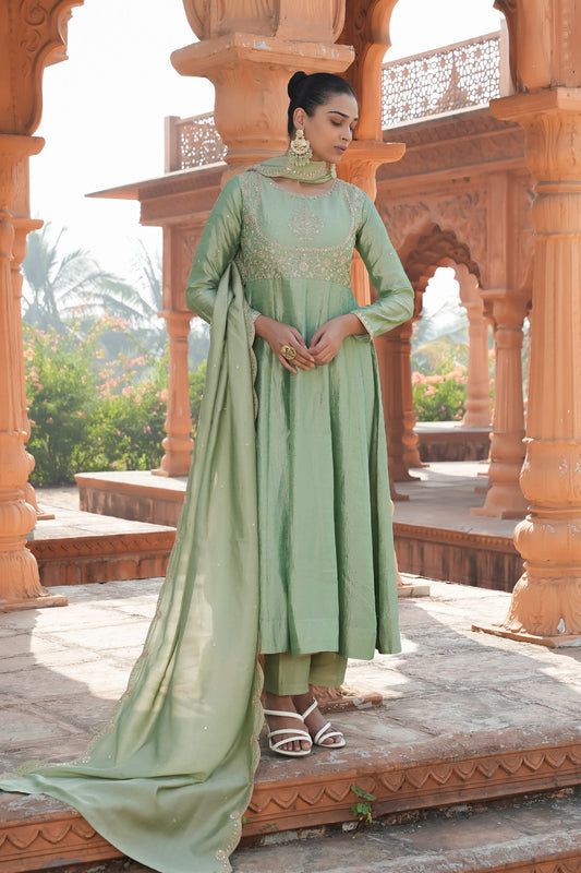 Pista Vichitra Silk Embroidery Kurta Set