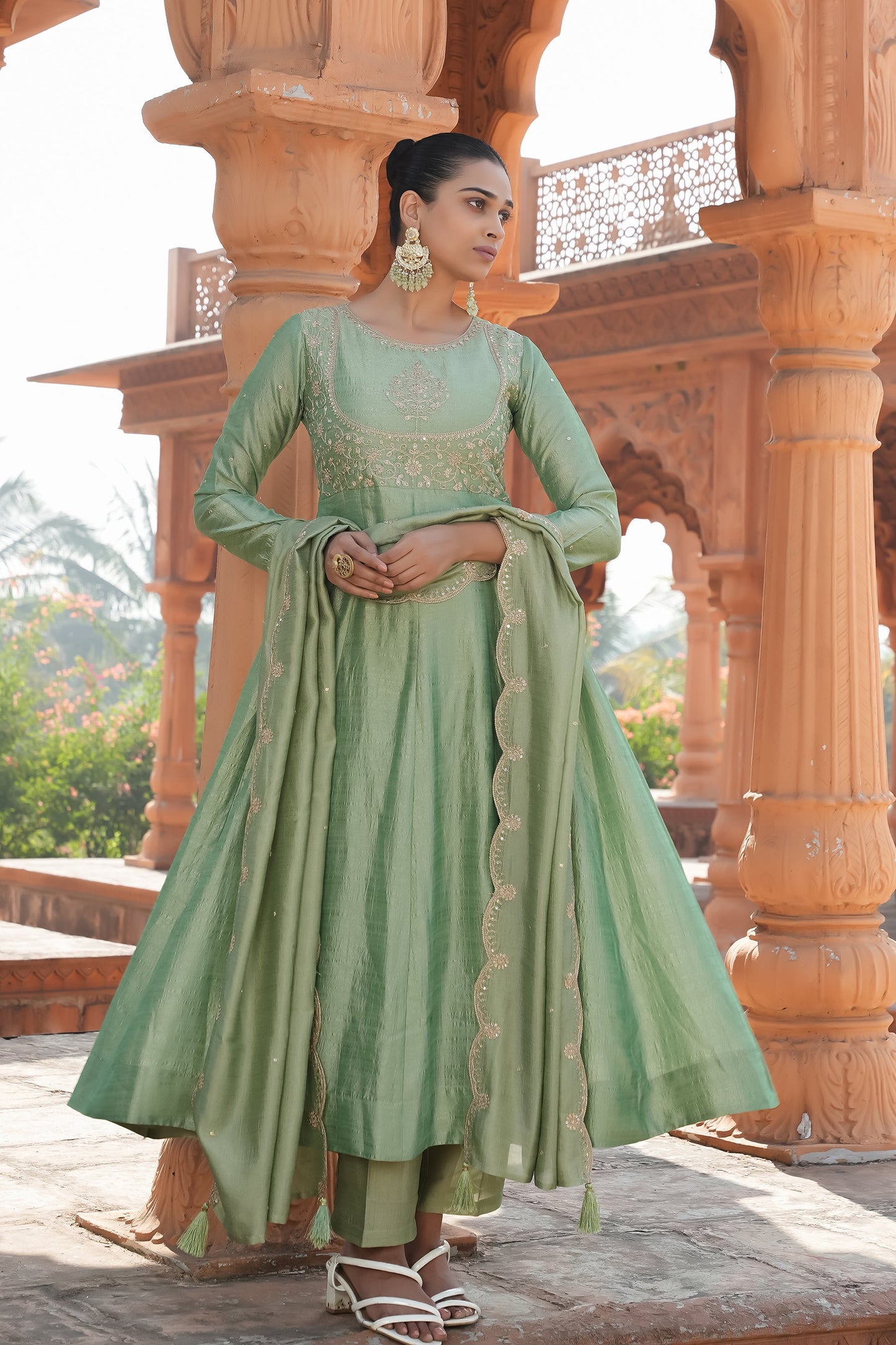 Pista Vichitra Silk Embroidery Kurta Set