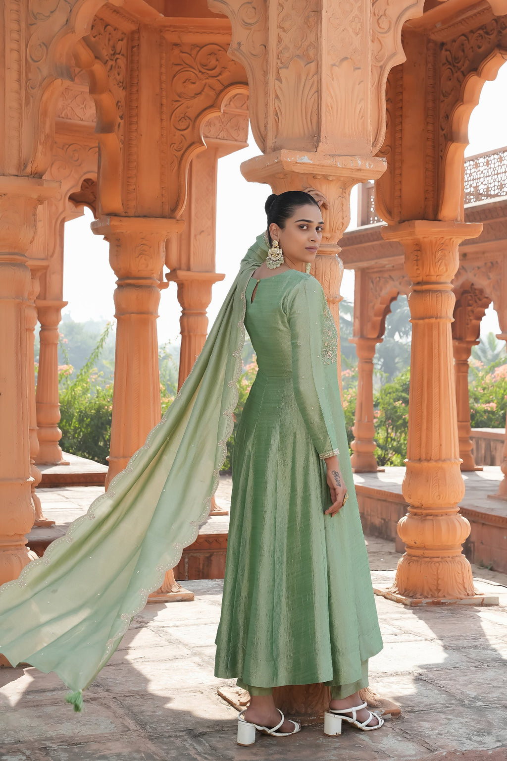 Pista Vichitra Silk Embroidery Kurta Set