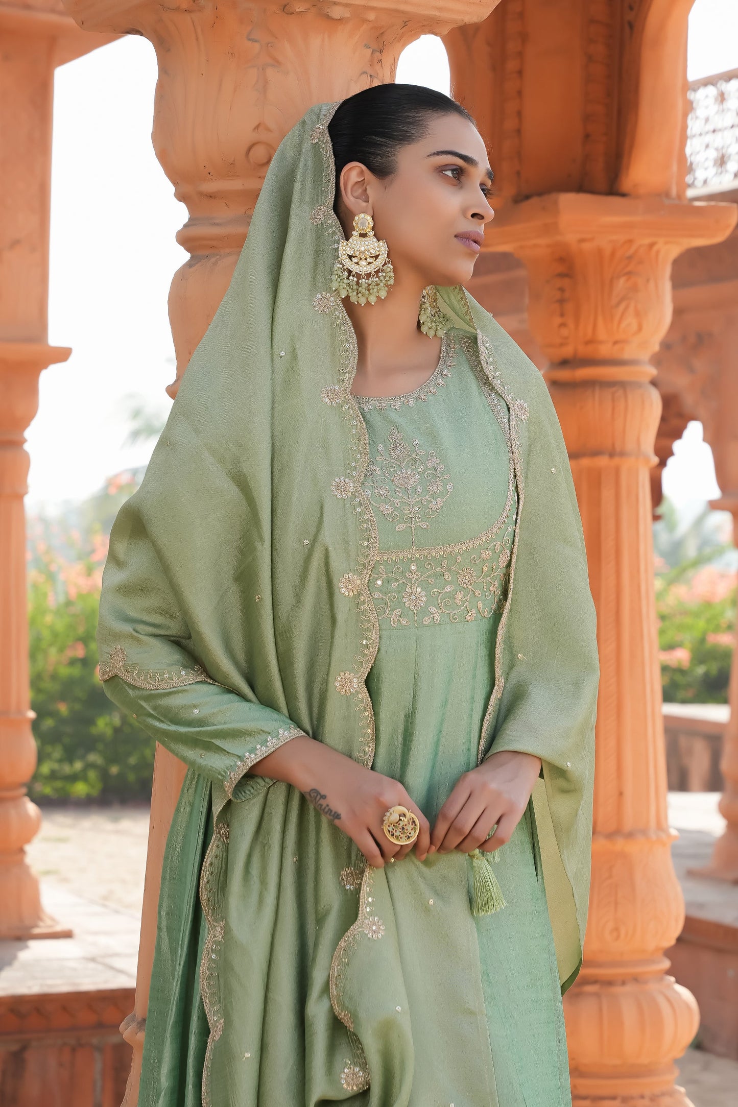 Pista Vichitra Silk Embroidery Kurta Set