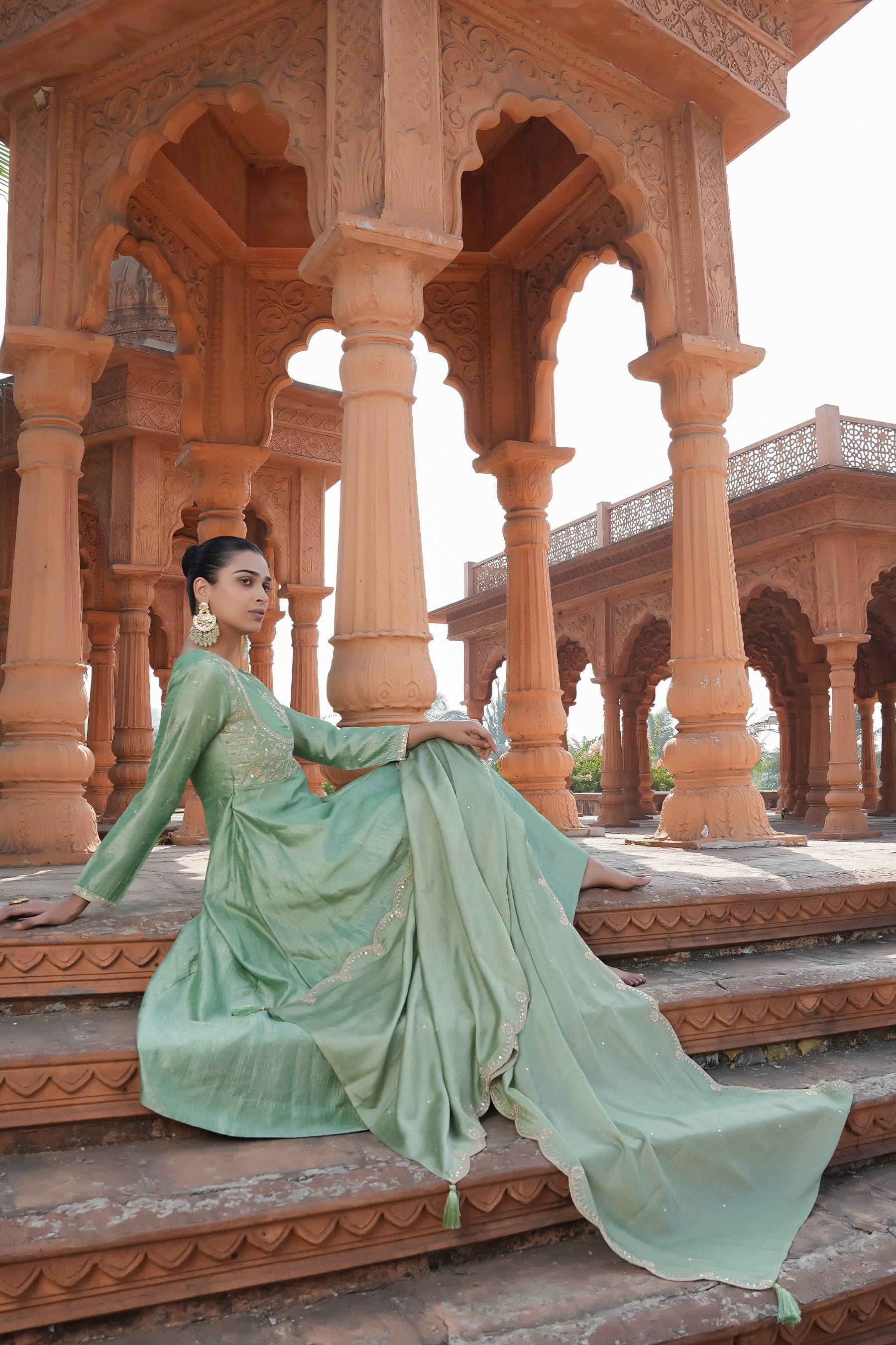 Pista Vichitra Silk Embroidery Kurta Set